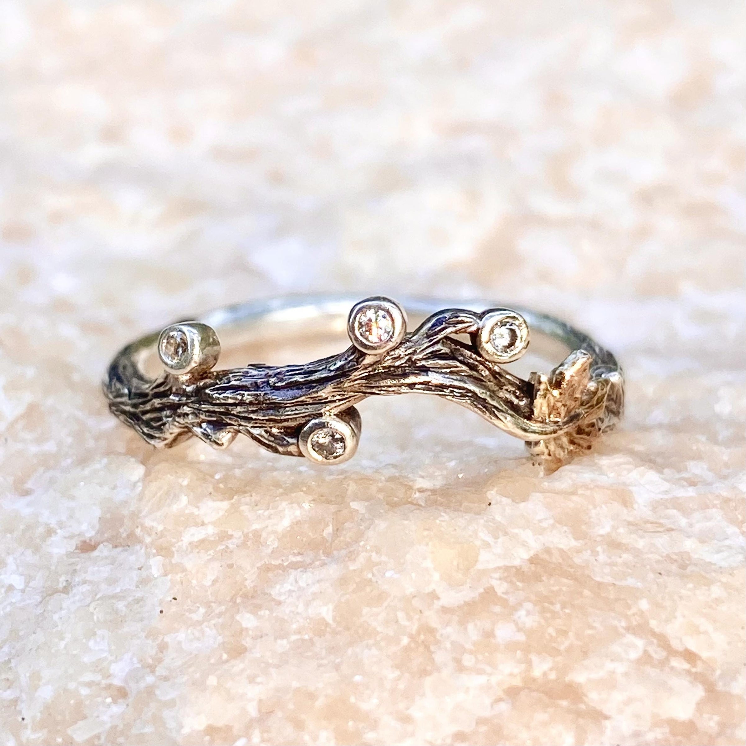 Sterling silver vintage bark texture ring, hand-carved natural style rose gold leaf ring, branch gemstone ring, wedding band, promise ring