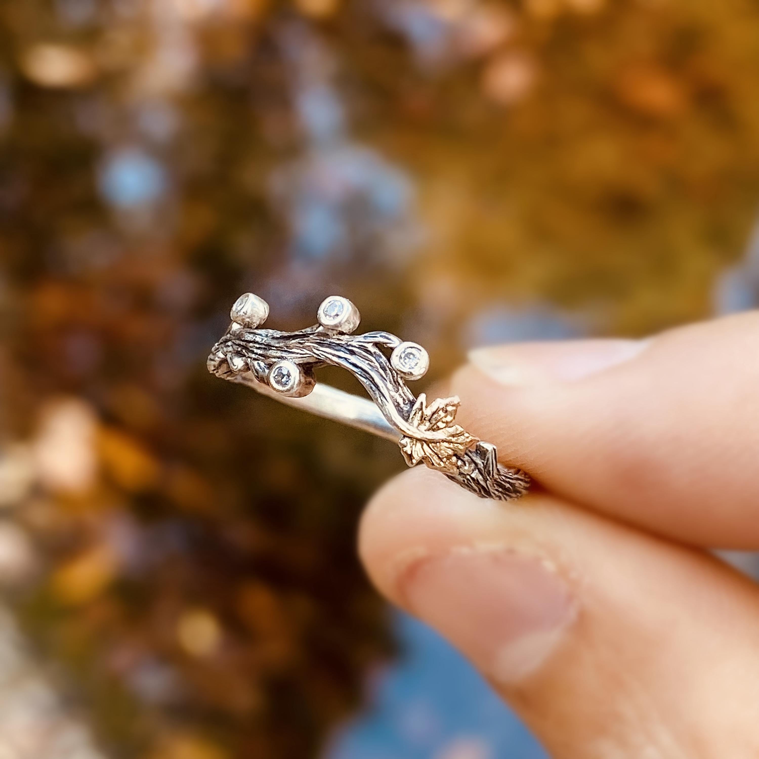 Sterling silver vintage bark texture ring, hand-carved natural style rose gold leaf ring, branch gemstone ring, wedding band, promise ring