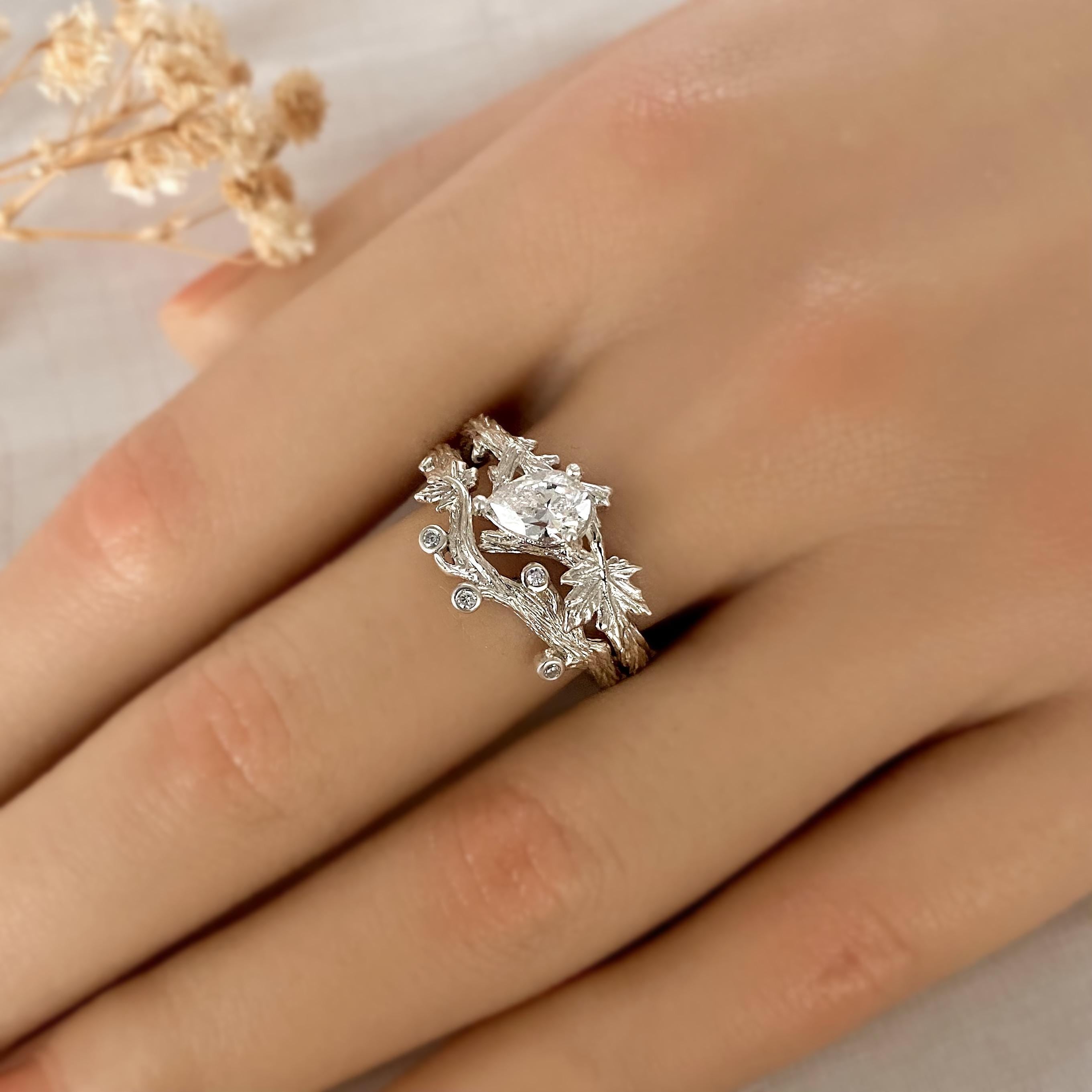 Pear cut moissanite twig rings set, branch and leaf stacking rings, maple leaf silver ring, forest ring, natural ring, twig wedding ring