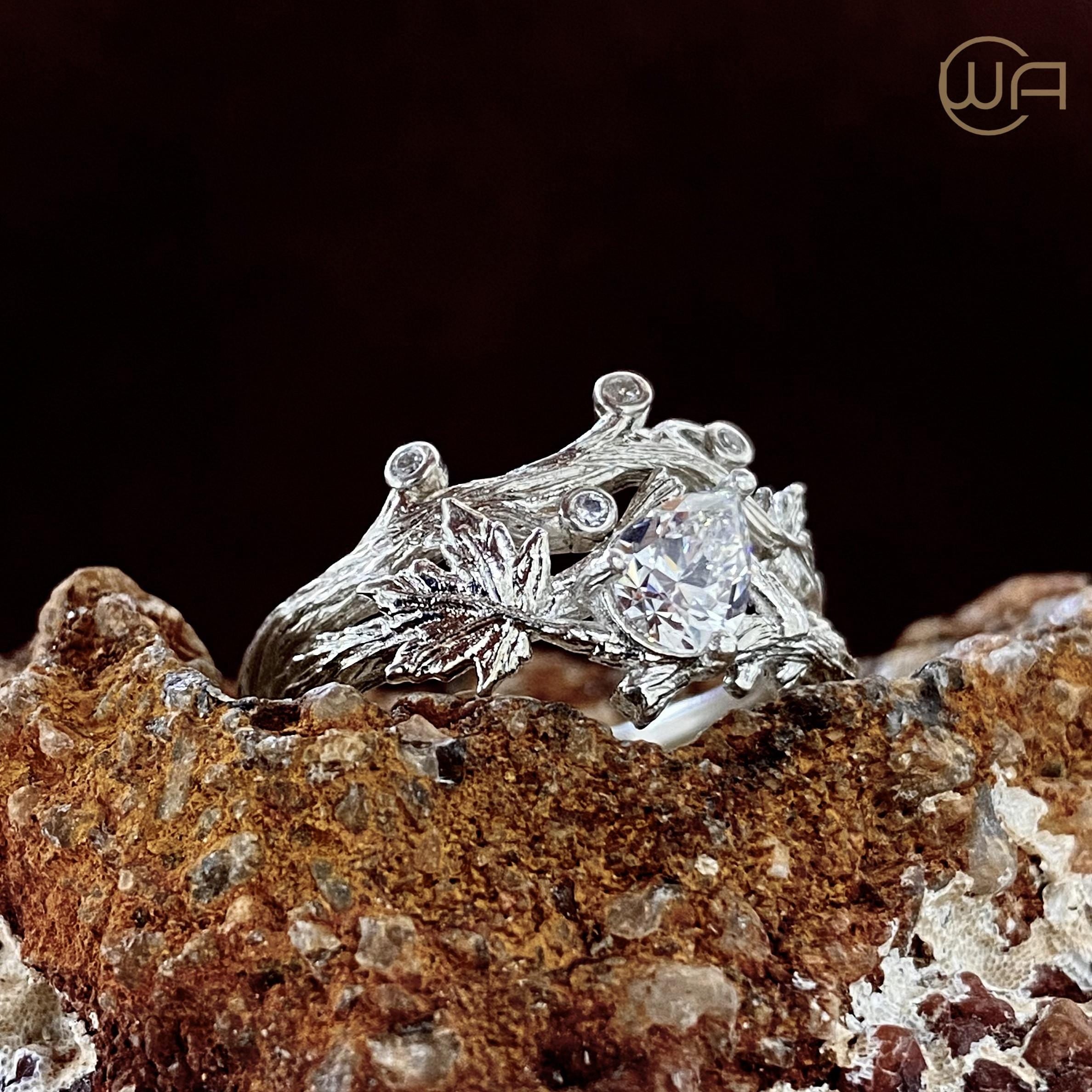 Pear cut moissanite twig rings set, branch and leaf stacking rings, maple leaf silver ring, forest ring, natural ring, twig wedding ring