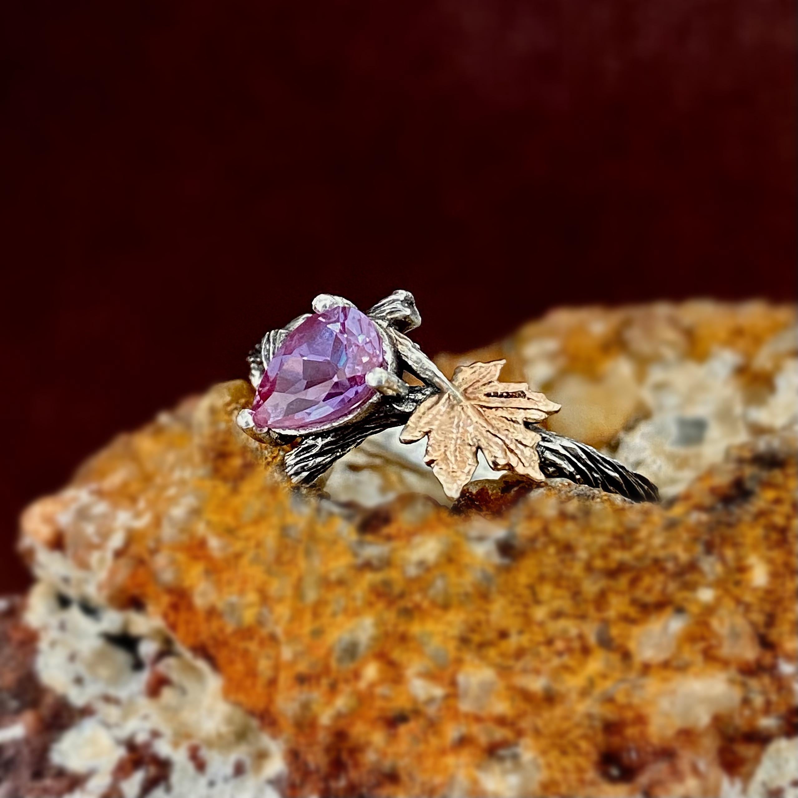 Silver Branch Bark Alexandrite wedding band, Stacking Ring Set, Women Twig and leaf Ring with stone, engagement ring, Mother's Day Gifts