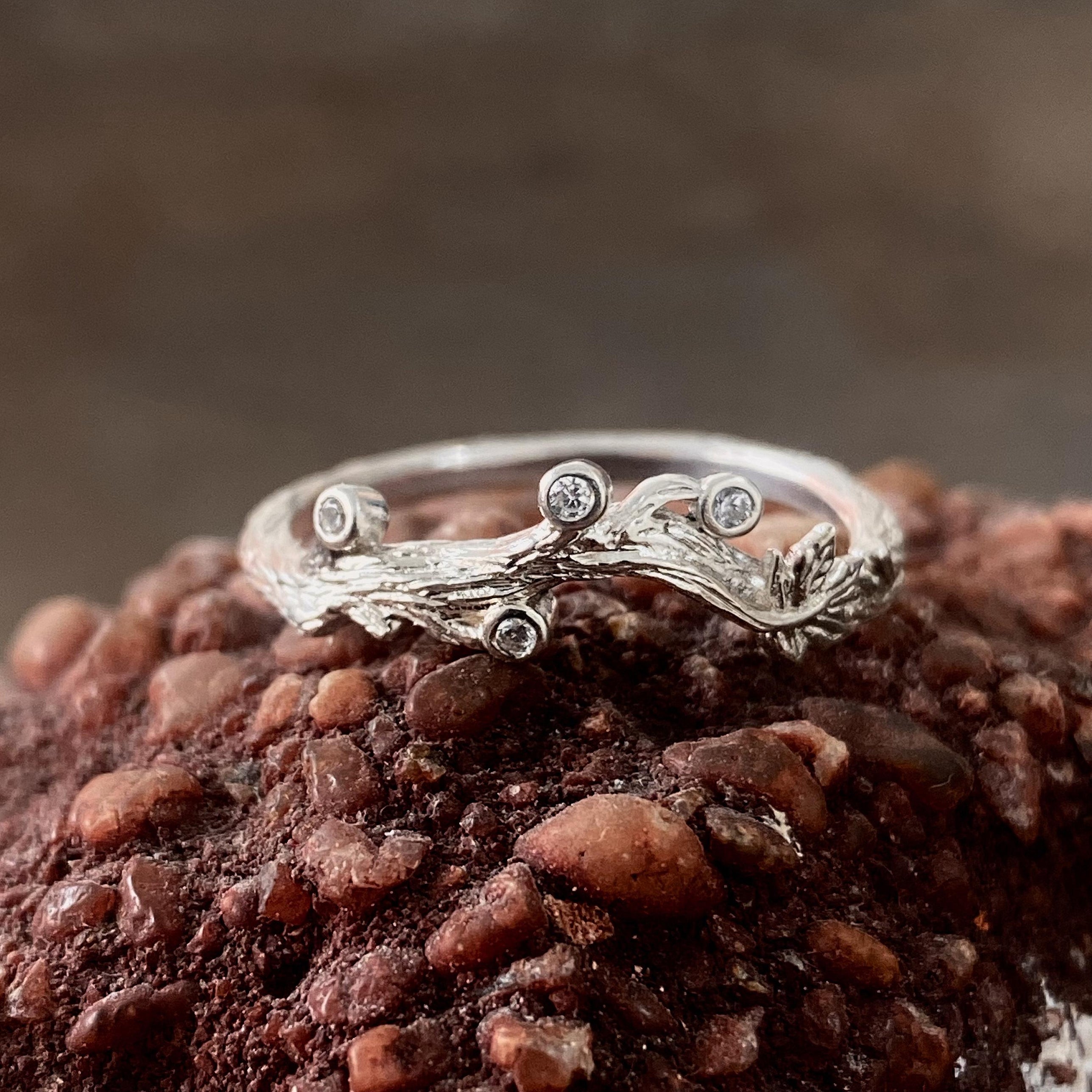 Sterling silver branch leaf white crystal engagement ring, vine leaf women's band, Woodbark ring with leaf, branch ring with stone