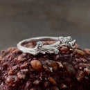 Sterling silver branch leaf white crystal engagement ring, vine leaf women's band, Woodbark ring with leaf, branch ring with stone