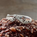 Sterling silver branch leaf white crystal engagement ring, vine leaf women's band, Woodbark ring with leaf, branch ring with stone