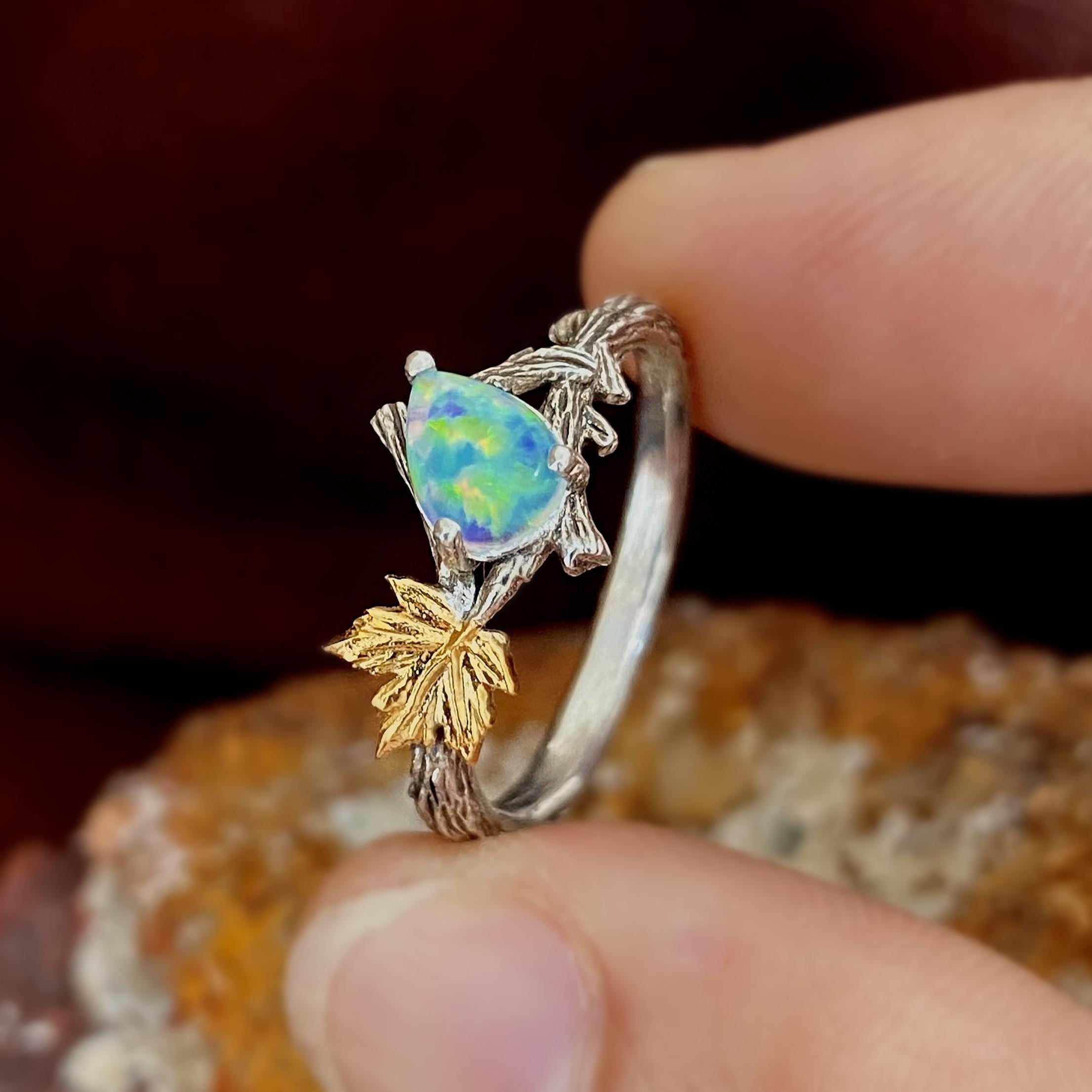 Custom opal branch sterling silver ring, maple branch ring, twig and leaf ring, engagement ring, october birthstone ring, unique gift