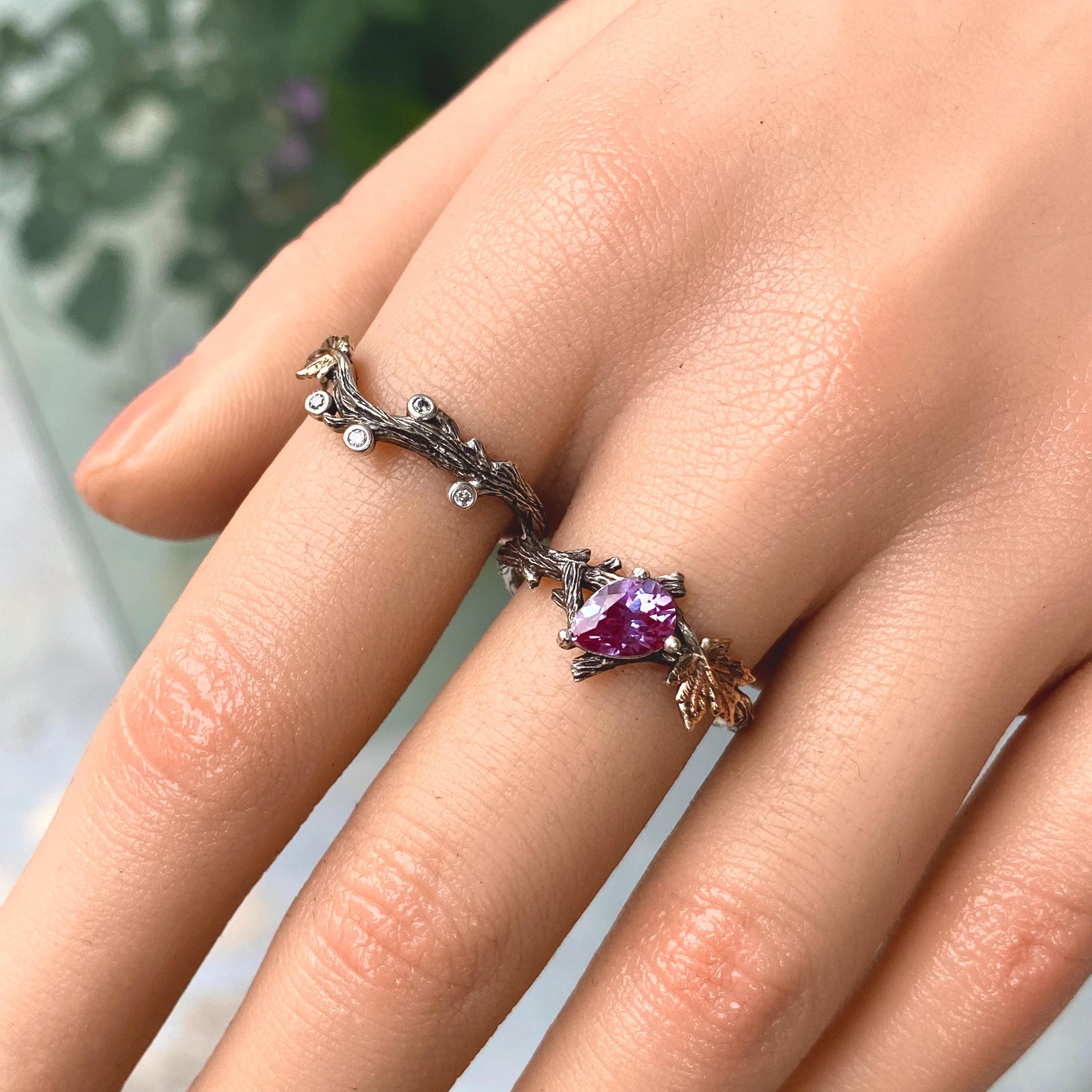 Natural Alexandrite ring set, Pear cut engagement ring, Twig and leaf ring with stone, Wedding ring, Promise ring, Valentine's Day gift