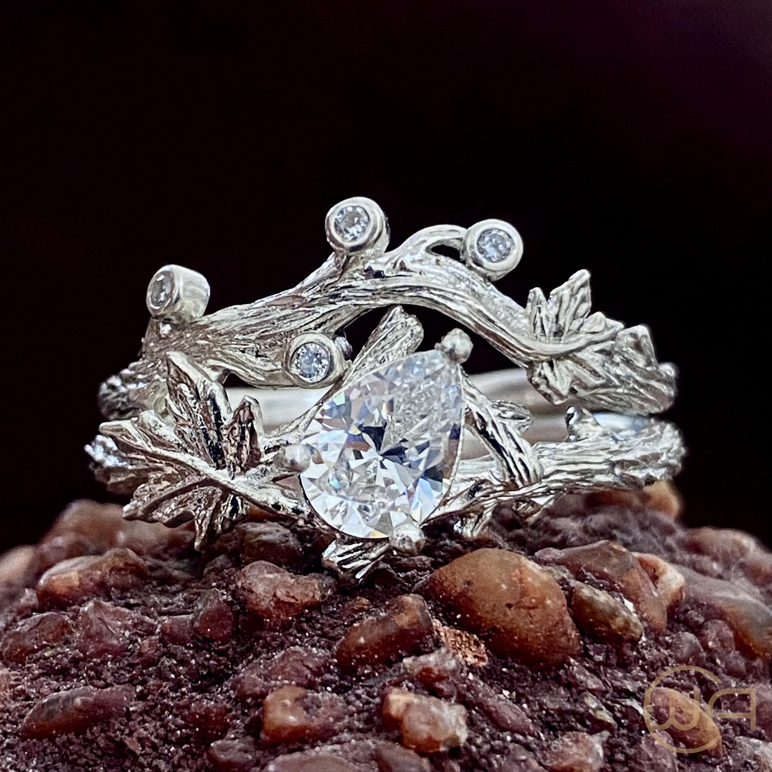 Pear cut moissanite twig rings set, branch and leaf stacking rings, maple leaf silver ring, forest ring, natural ring, twig wedding ring