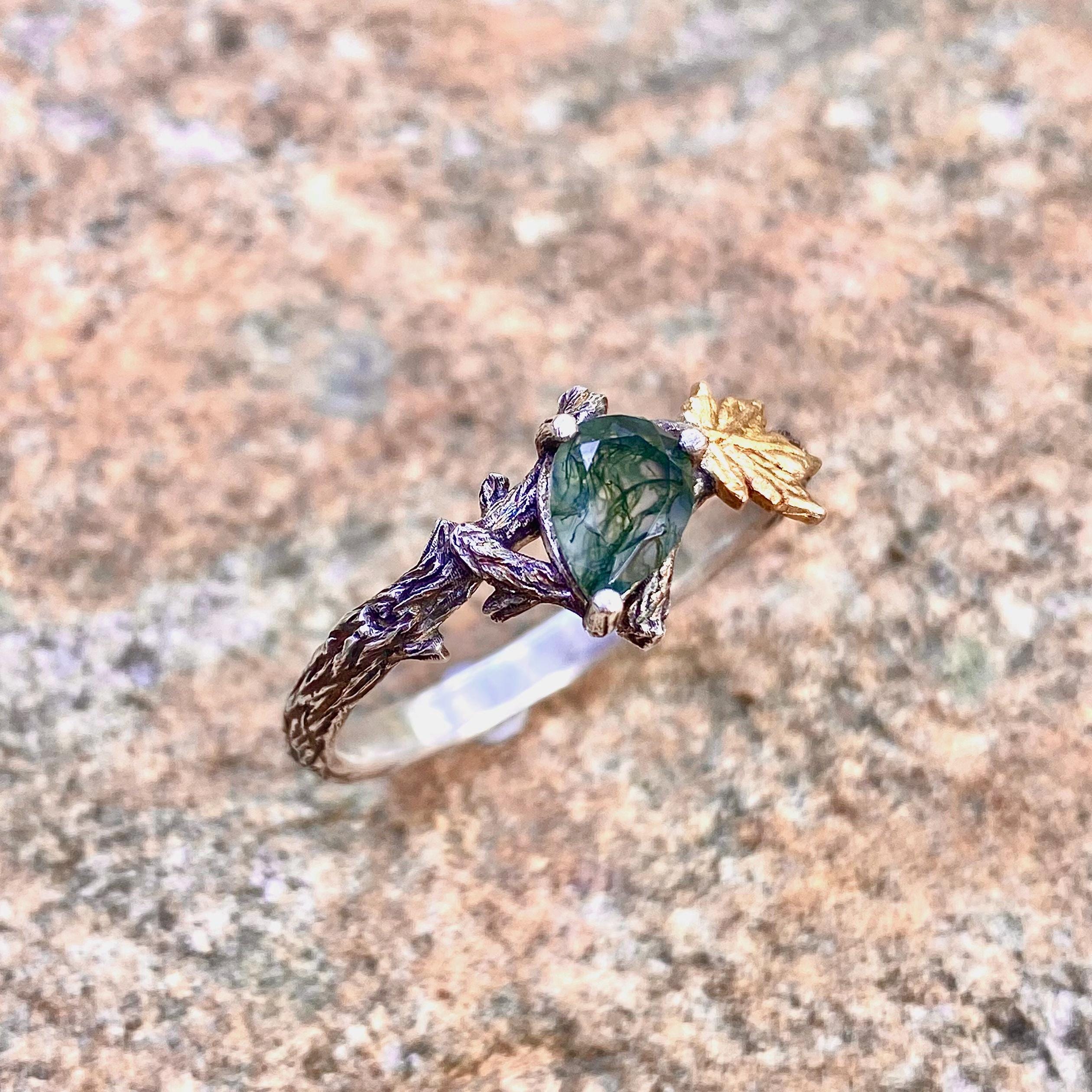 Natural moss agate branch silver ring, nuture inspired forest ring, twig and maple leaf ring, twig ring with stone, pormise ring for her