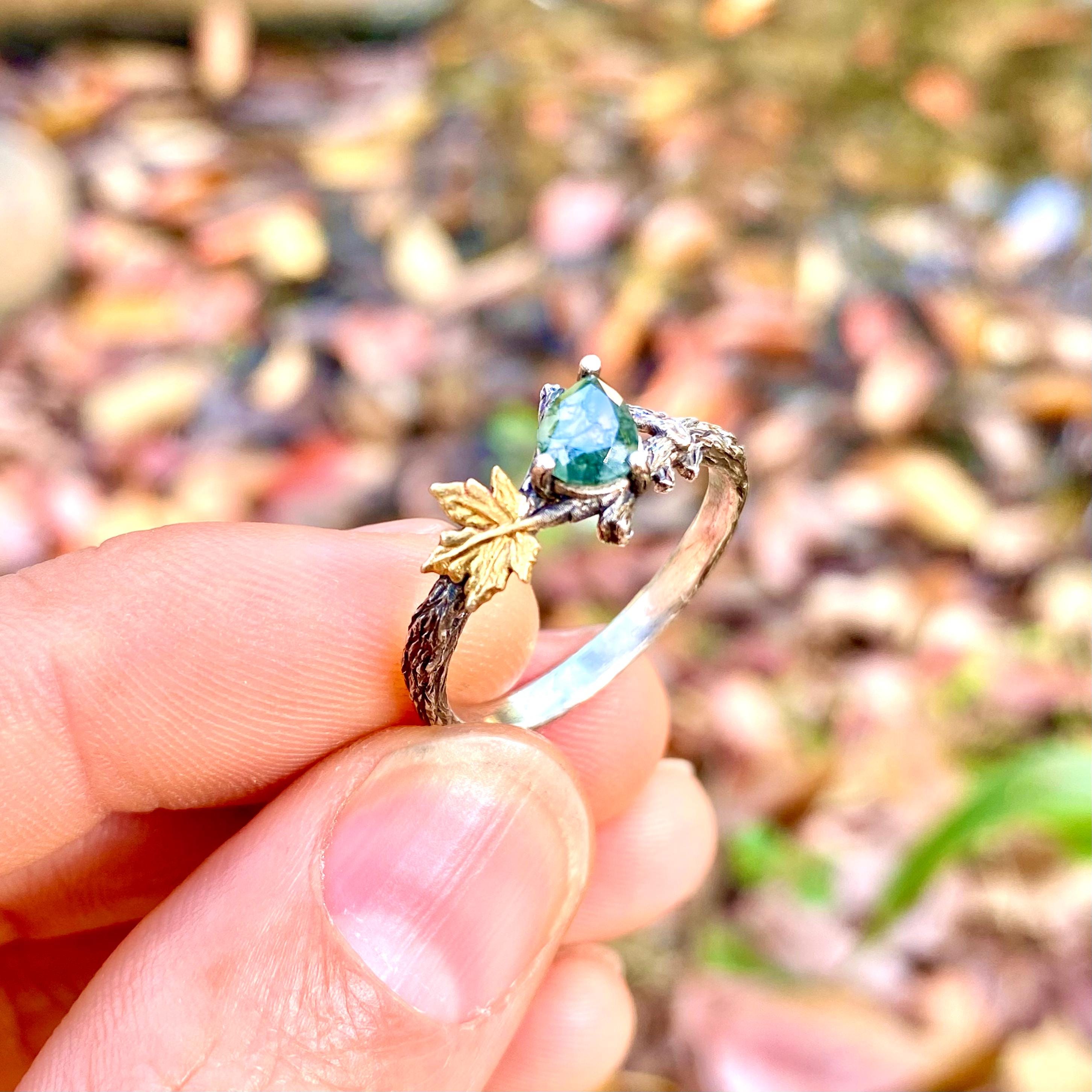 Natural moss agate branch silver ring, nuture inspired forest ring, twig and maple leaf ring, twig ring with stone, pormise ring for her
