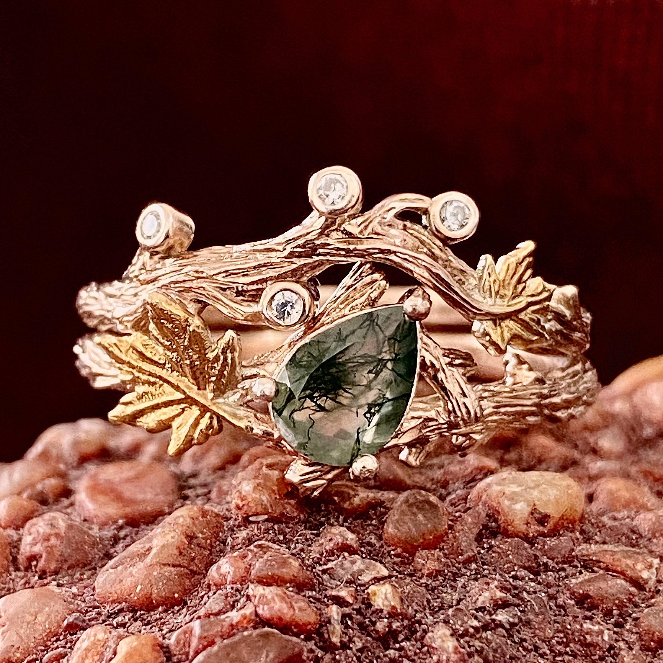 Natural moss agate silver branch ring set, personalized branch stacking rings, rose gold vine leaf ring, twig engagement ring, promise ring