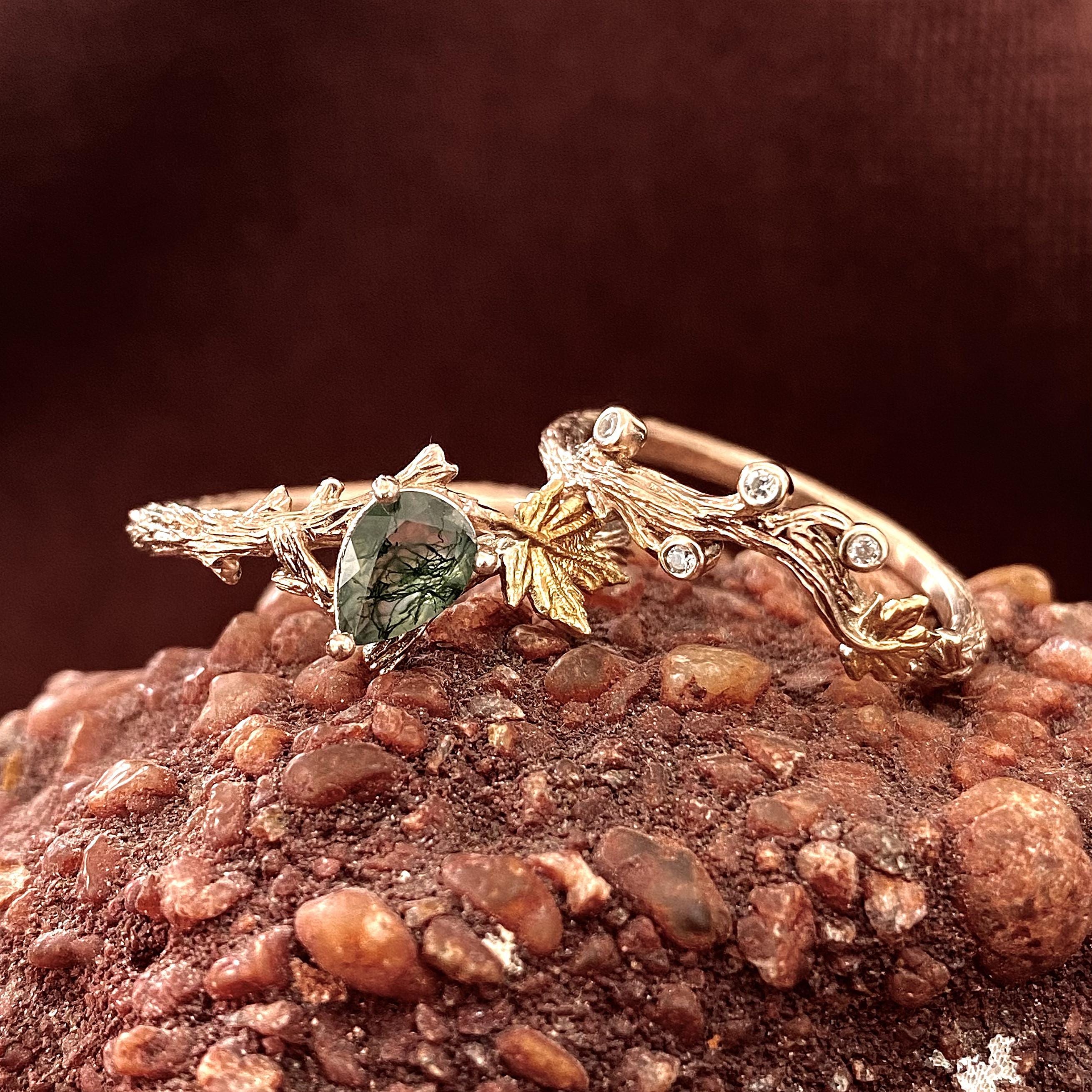 Natural moss agate silver branch ring set, personalized branch stacking rings, rose gold vine leaf ring, twig engagement ring, promise ring