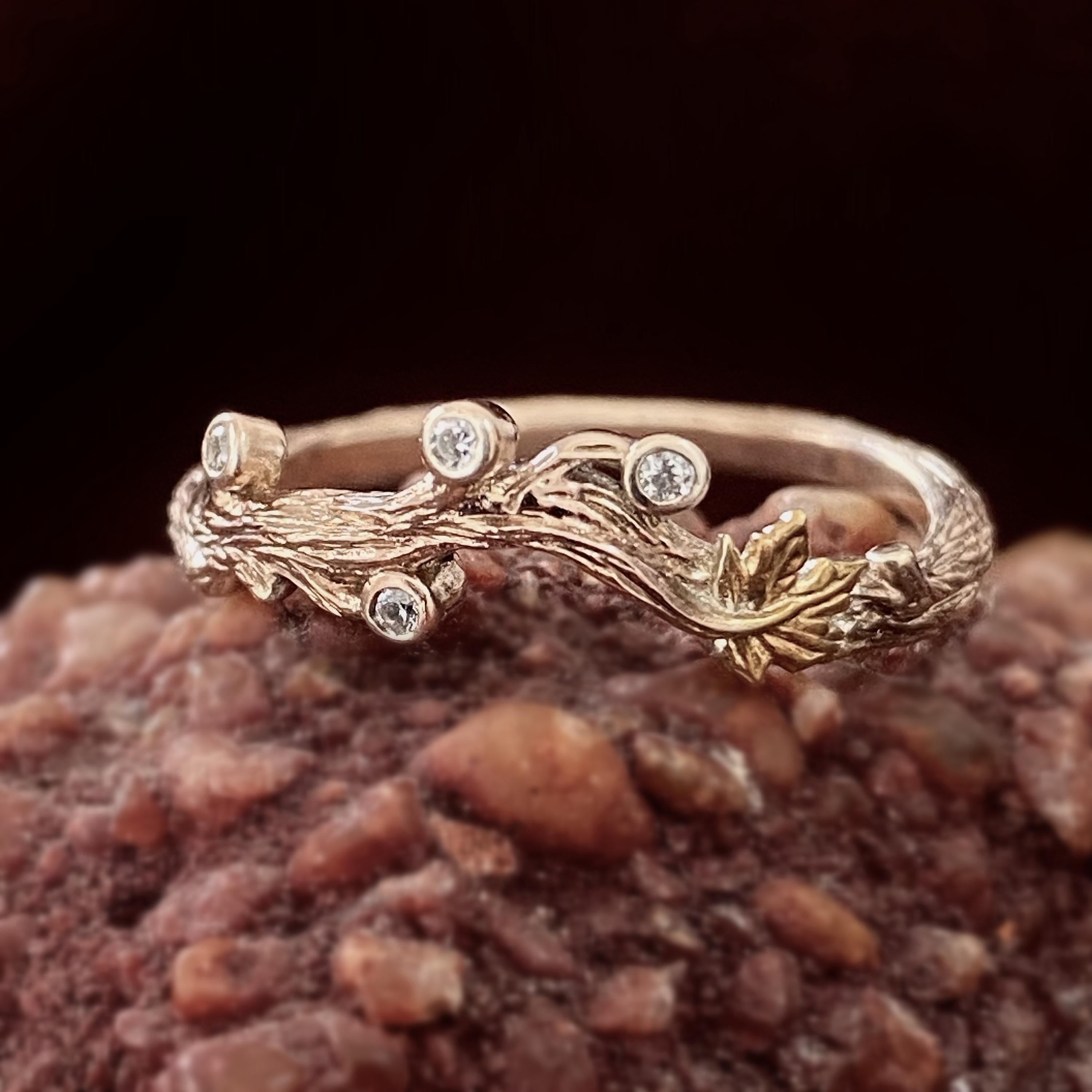 Custom Sterling Silver/14K Gold Tree Branch and Maple Leaf Ring, Natural Engagement Ring, Stackable Ring for Women, Unique Bridal Vine Ring