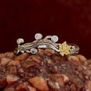 Branch maple leaf sterling silver ring, hand carved bark ring, small zircon vine leaf ring, oxidized distressed vintage twig leaf ring