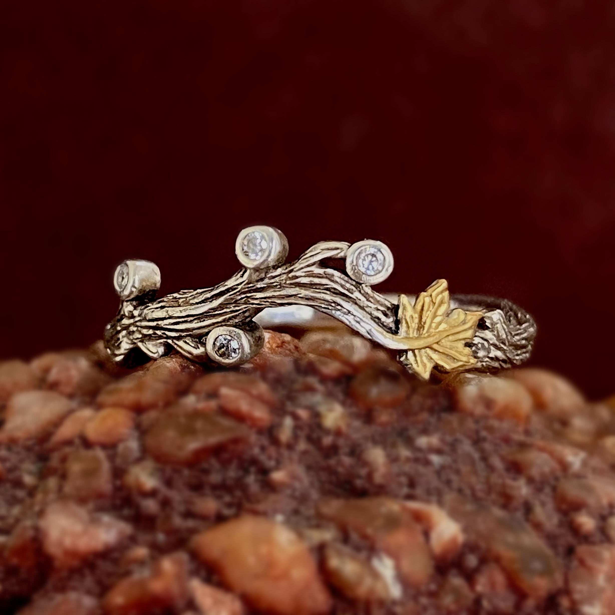 Branch maple leaf sterling silver ring, hand carved bark ring, small zircon vine leaf ring, oxidized distressed vintage twig leaf ring