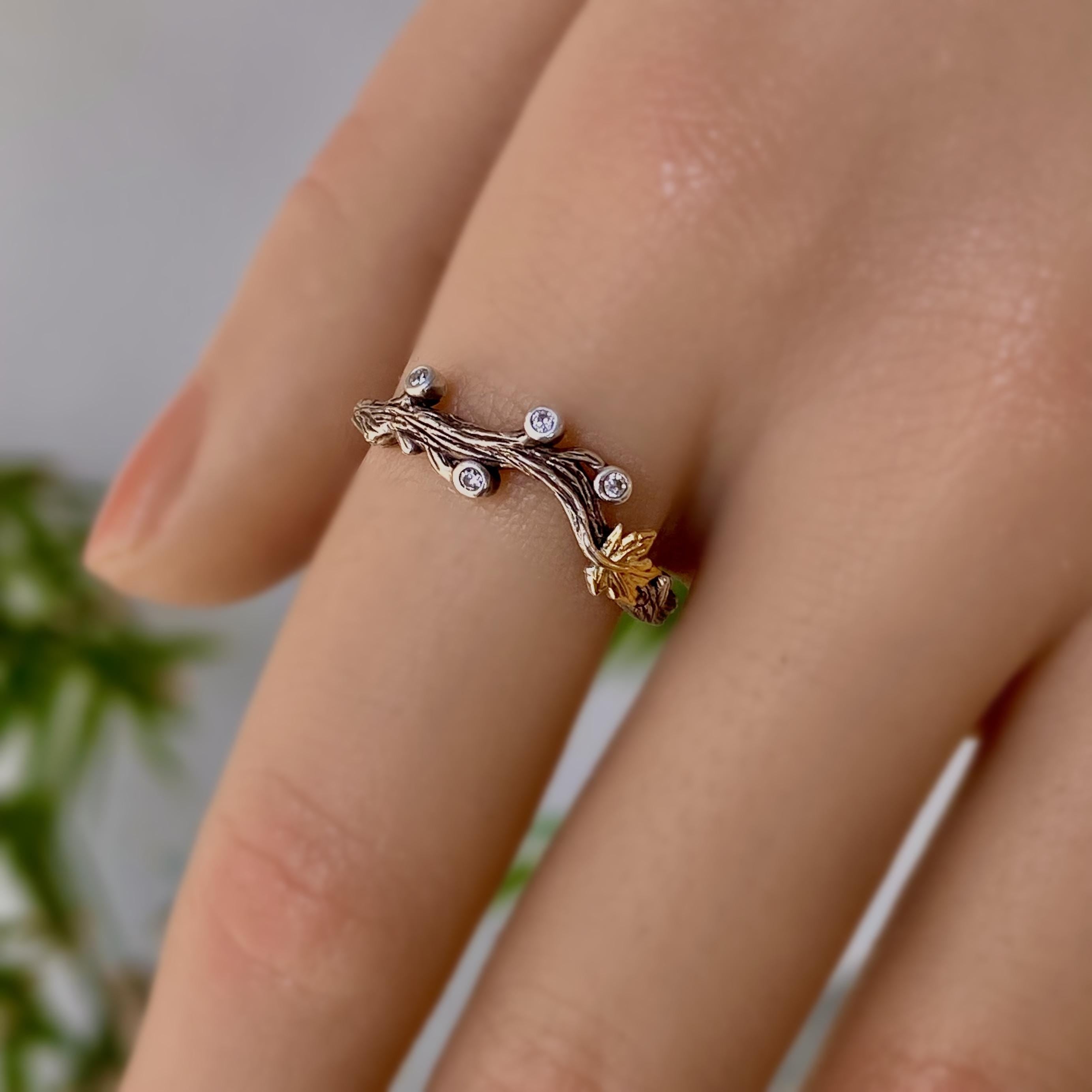 Branch maple leaf sterling silver ring, hand carved bark ring, small zircon vine leaf ring, oxidized distressed vintage twig leaf ring