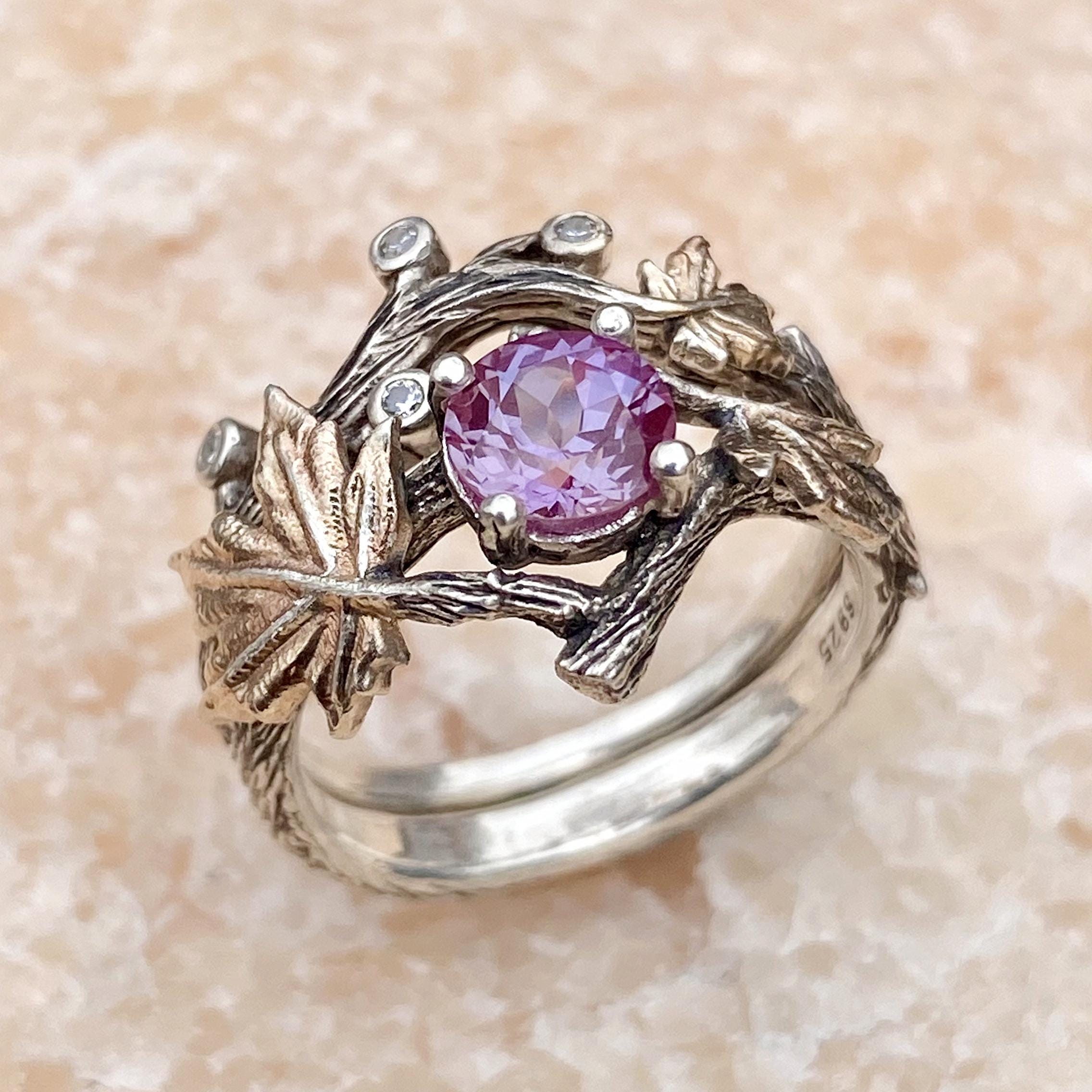 0.8 carat Alexandrite sterling silver branch stacking ring, twig wedding ring, Alexandrite silver ring set, ring for mom, Mother's Day gift