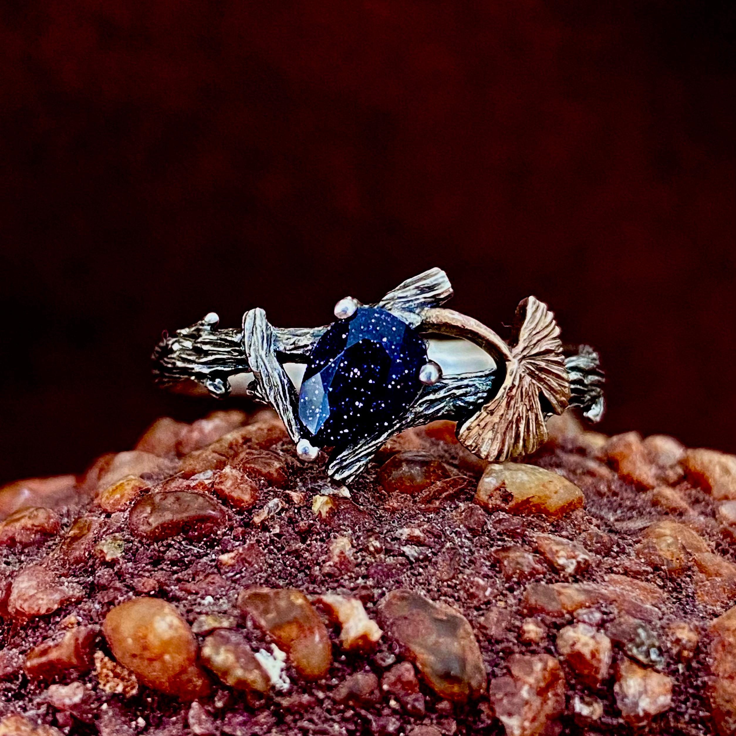 Blue sandstone silver tree branch ring, ginkgo and maple leaf wedding ring set, blue sandstone branch stacking ring, twig promise ring