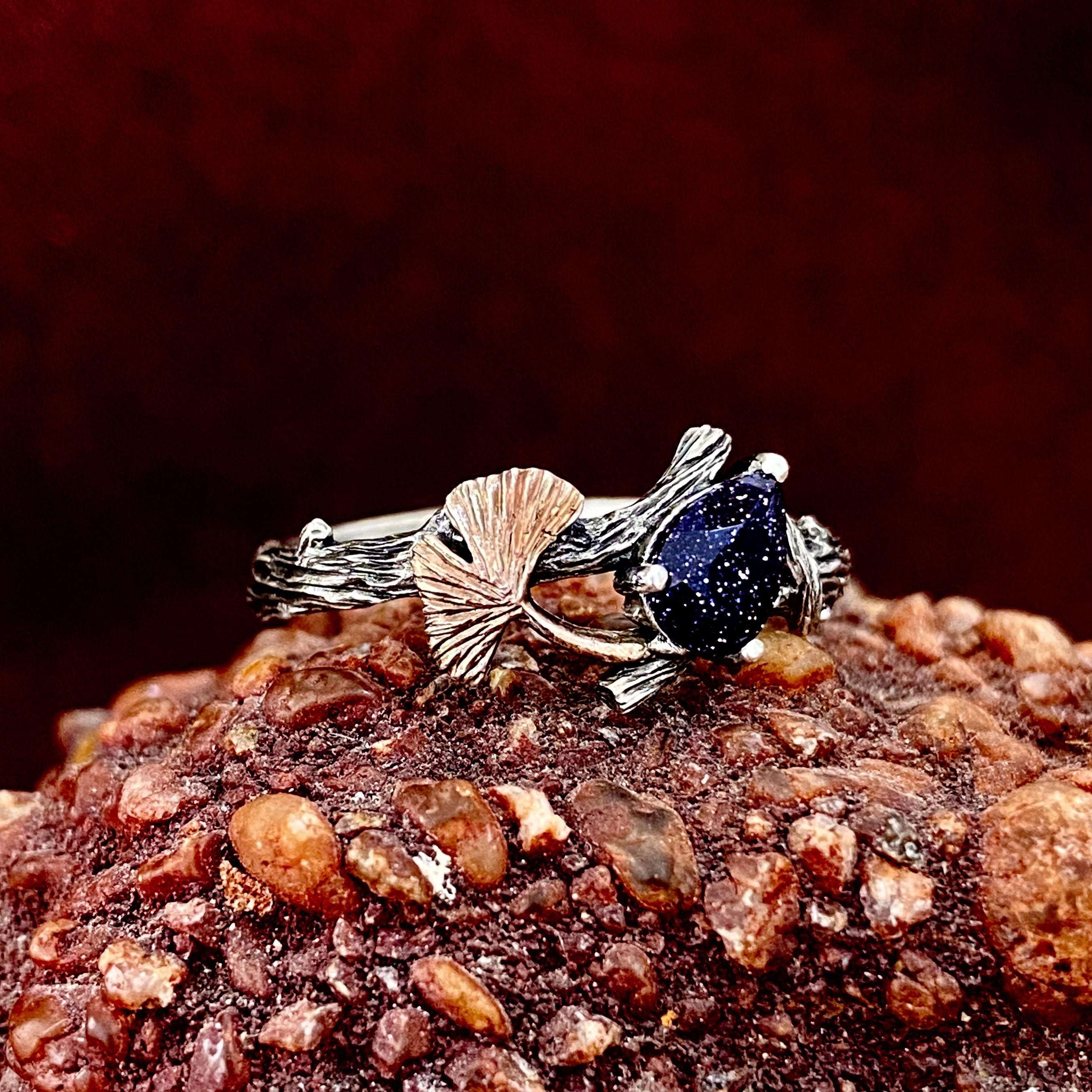 Blue sandstone silver tree branch ring, ginkgo and maple leaf wedding ring set, blue sandstone branch stacking ring, twig promise ring