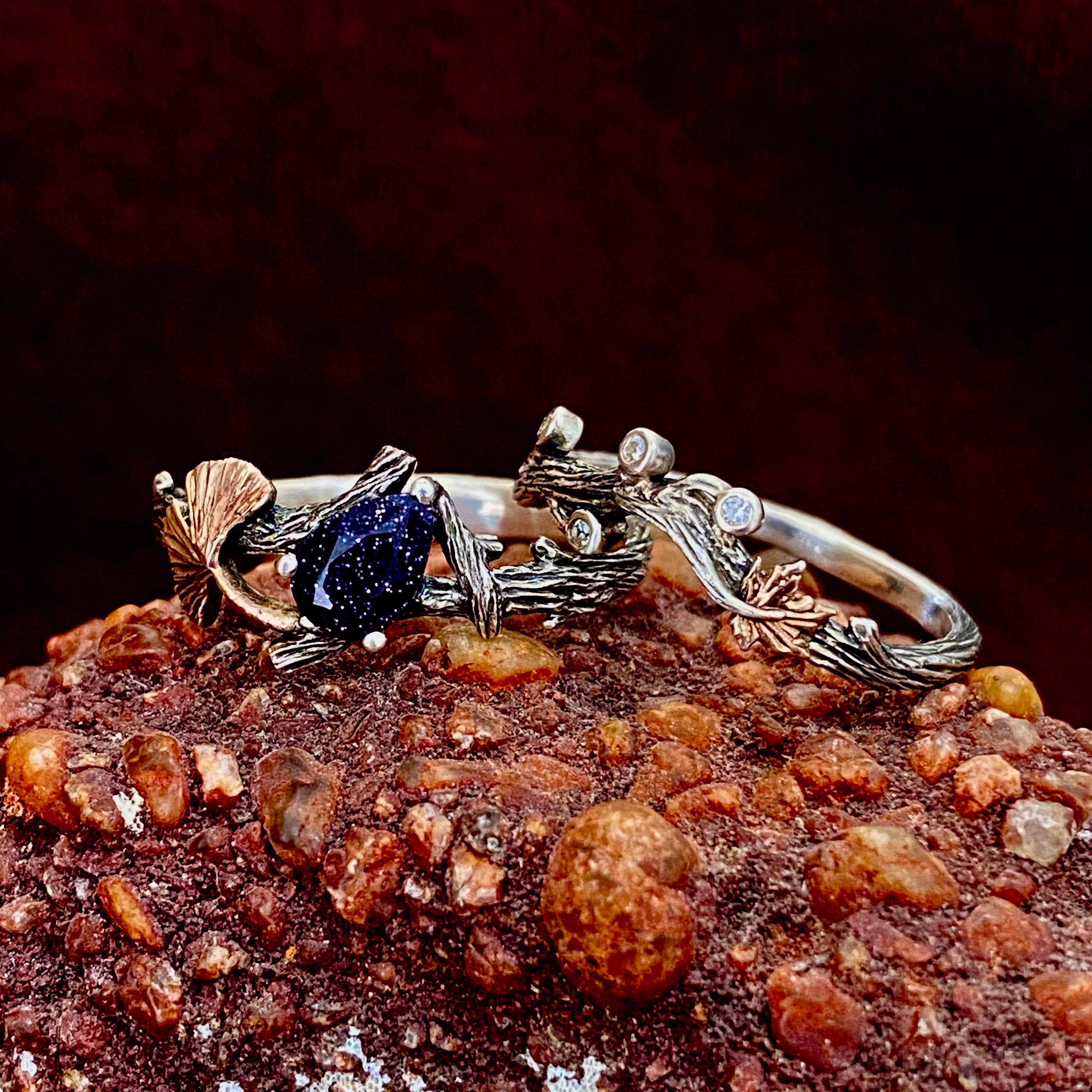 Elf silver branch ring set, silver ring inlaid with blue sandstone, magic forest stacking ring, twig silver ring, natural style bridal set