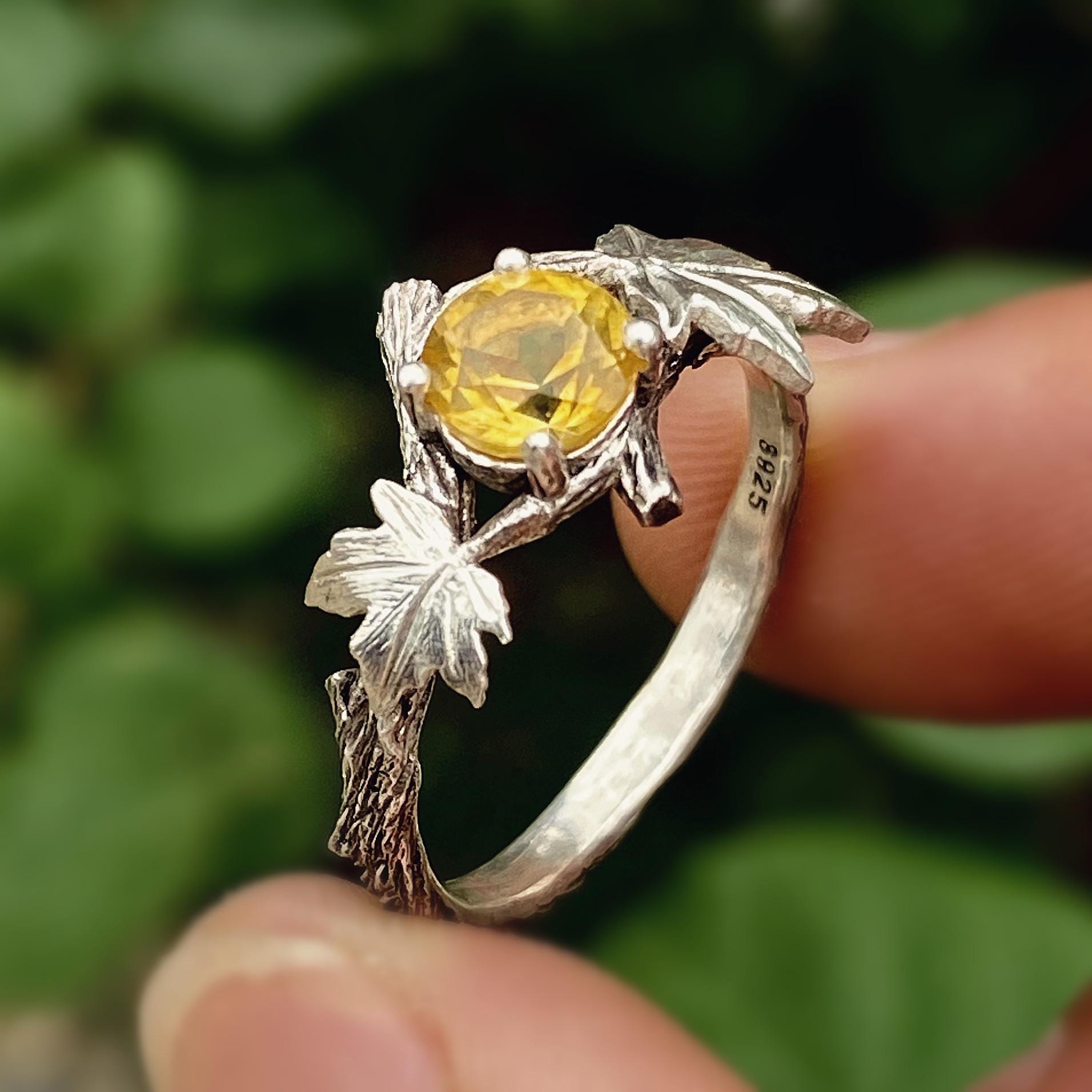 Natural citrine sterling silver tree branch ring, hand carved bark band, twig and maple leaf ring, engagement promise ring, gift for wife