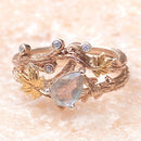 Natural gray moonstone branch silver ring, 14K rose gold plated twig stacking bridal rings, hand-carved bark ring, wedding rings set