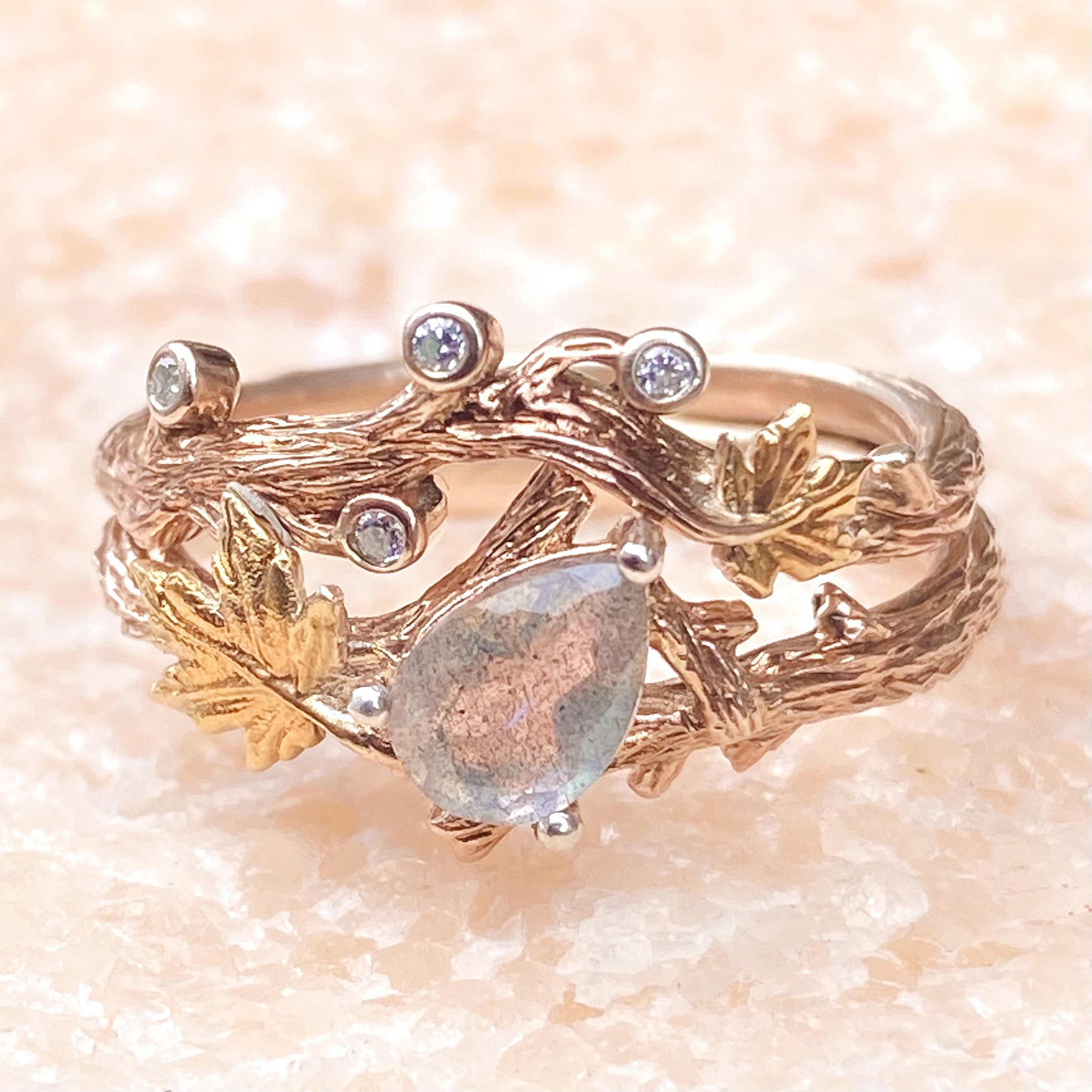 Natural gray moonstone branch silver ring, 14K rose gold plated twig stacking bridal rings, hand-carved bark ring, wedding rings set