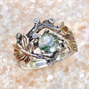 Silver twig wedding ring set for women: forest stackable, natural moss agate, Tree bark, branch, forest bridal, promise, hand-carved