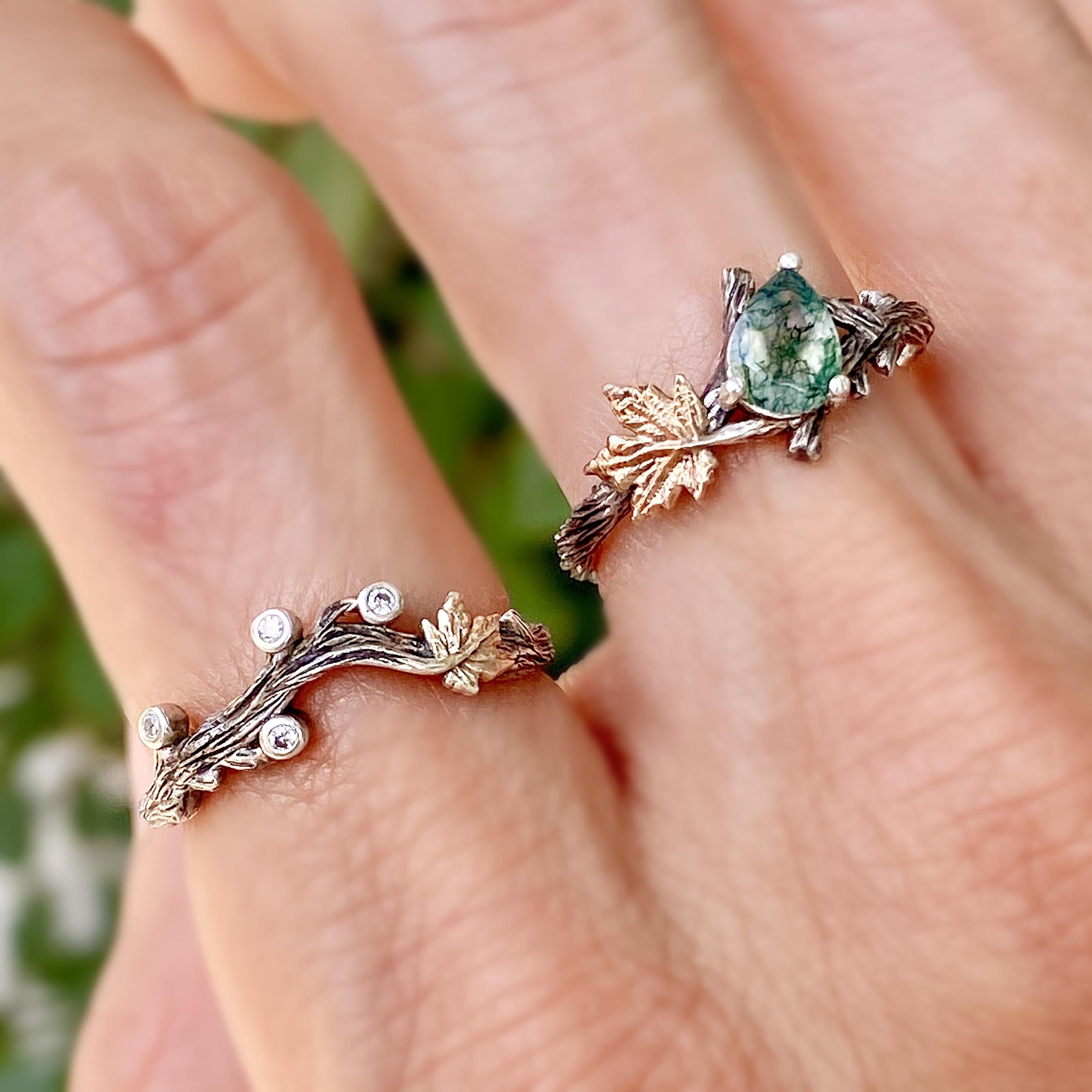 Natural moss agate tree branch rings set, S925 sterling silver engagement ring, wedding band, twig ring with stone, twig stacking ring