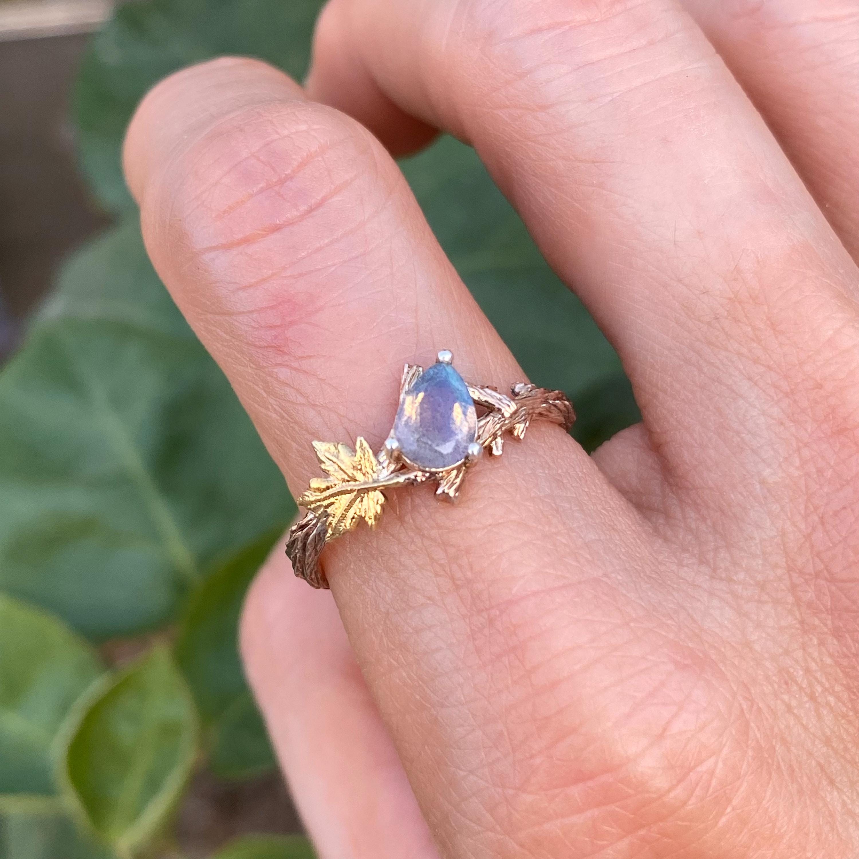 Sterling silver tree branch wedding ring with natural grey moonstone, unique rose gold tree twig ring, vintage style wedding ring