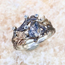 Natural black rutilated quartz branch rings set, unique twig and leaf ring, black rutilated quartz silver ring, stackable promise ring