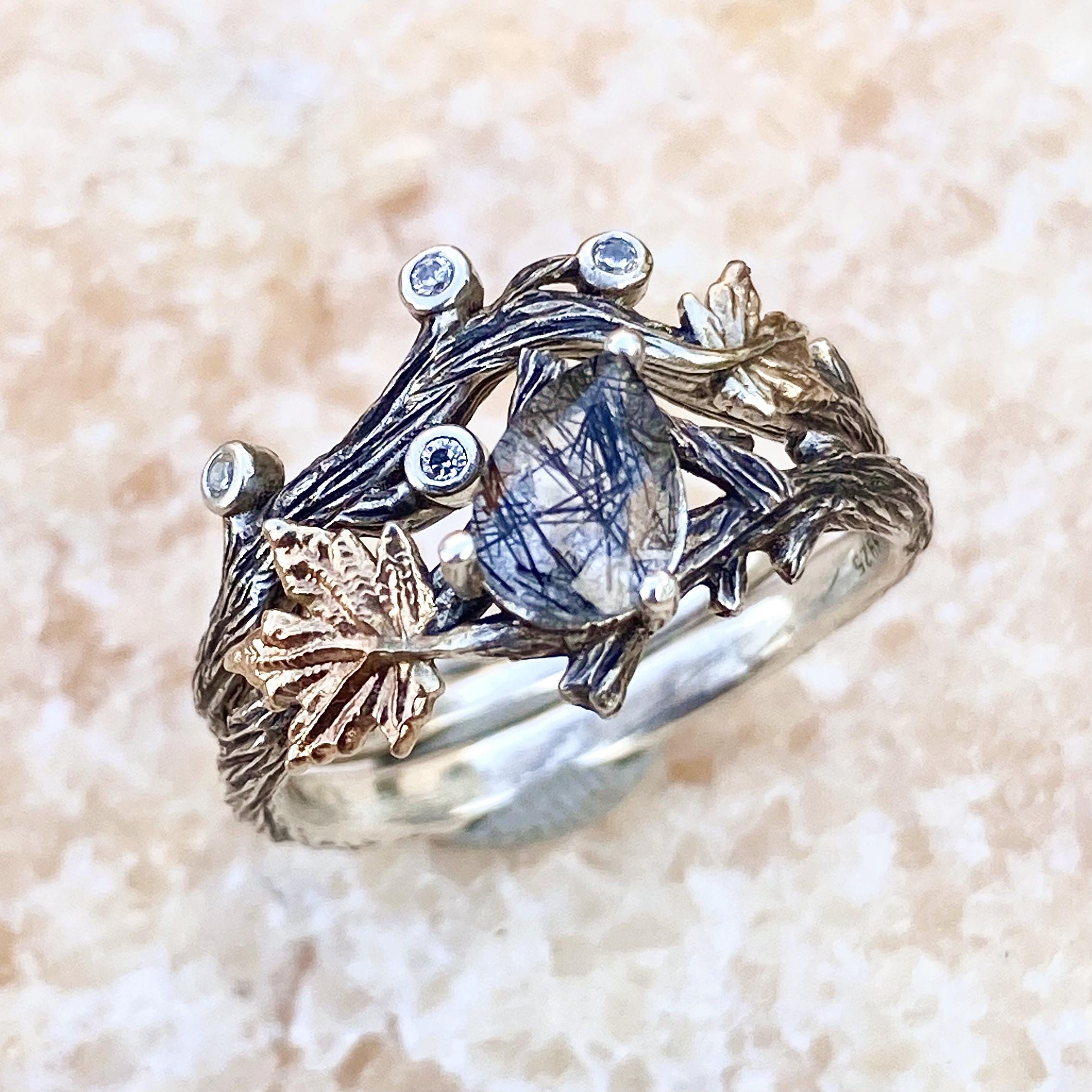 Natural black rutilated quartz branch rings set, unique twig and leaf ring, black rutilated quartz silver ring, stackable promise ring