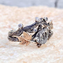 Natural black rutilated quartz branch rings set, unique twig and leaf ring, black rutilated quartz silver ring, stackable promise ring