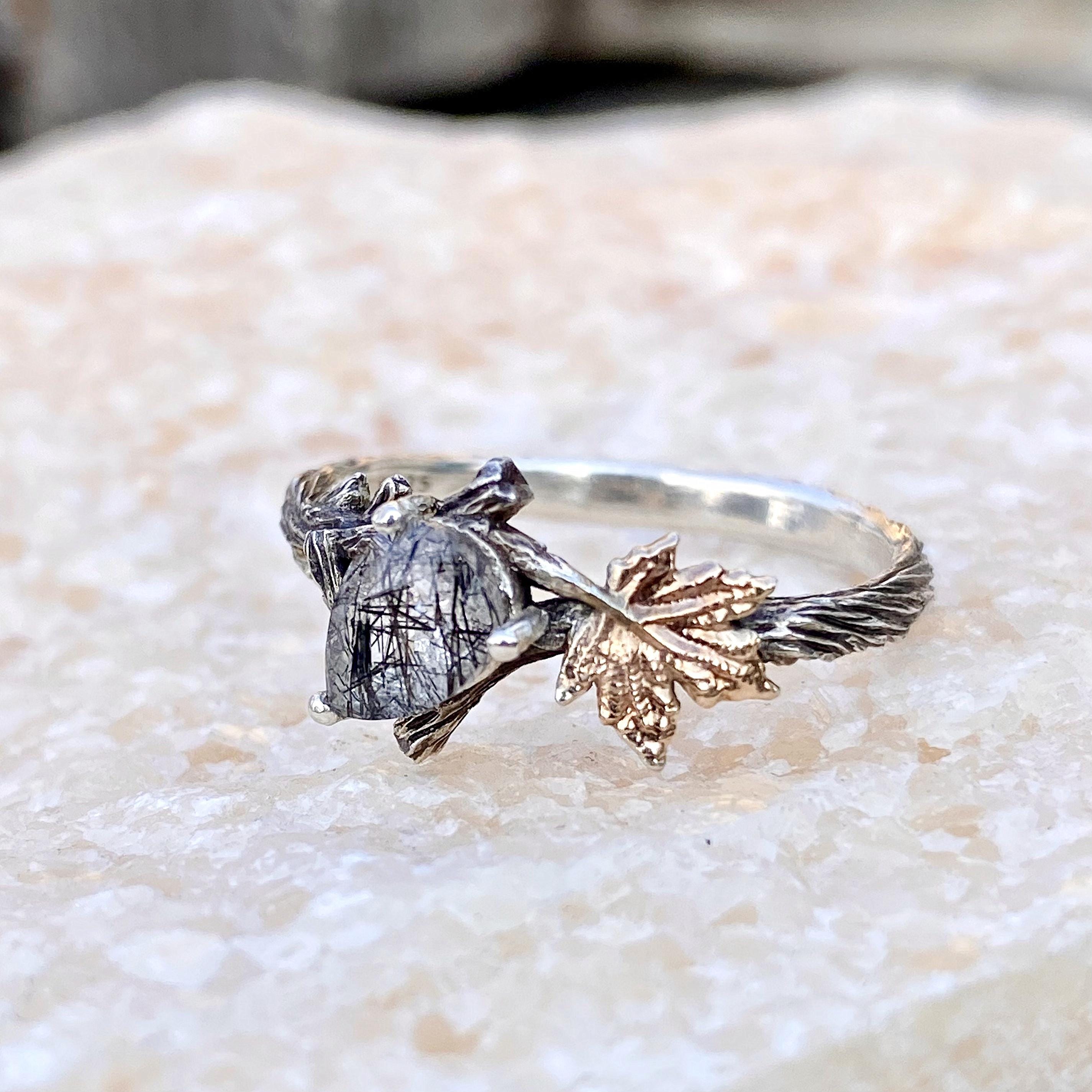 Natural Black Rutilated Quartz branch ring, sterling silve twig ring, hand-carved bark ring, anniversary gift, birthday for her