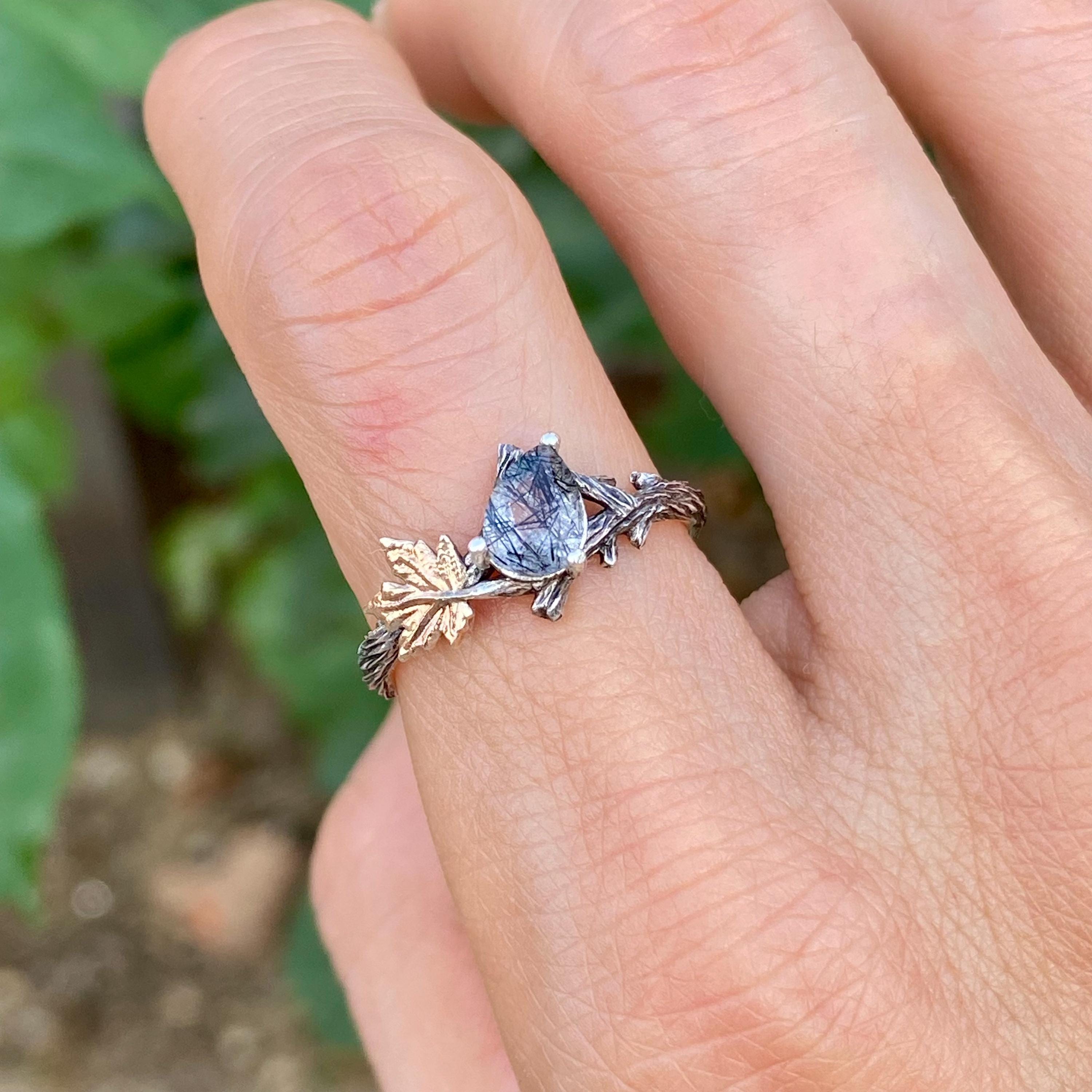 Natural Black Rutilated Quartz branch ring, sterling silve twig ring, hand-carved bark ring, anniversary gift, birthday for her