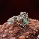 Silver twig wedding ring set for women: forest stackable, natural moss agate, Tree bark, branch, forest bridal, promise, hand-carved