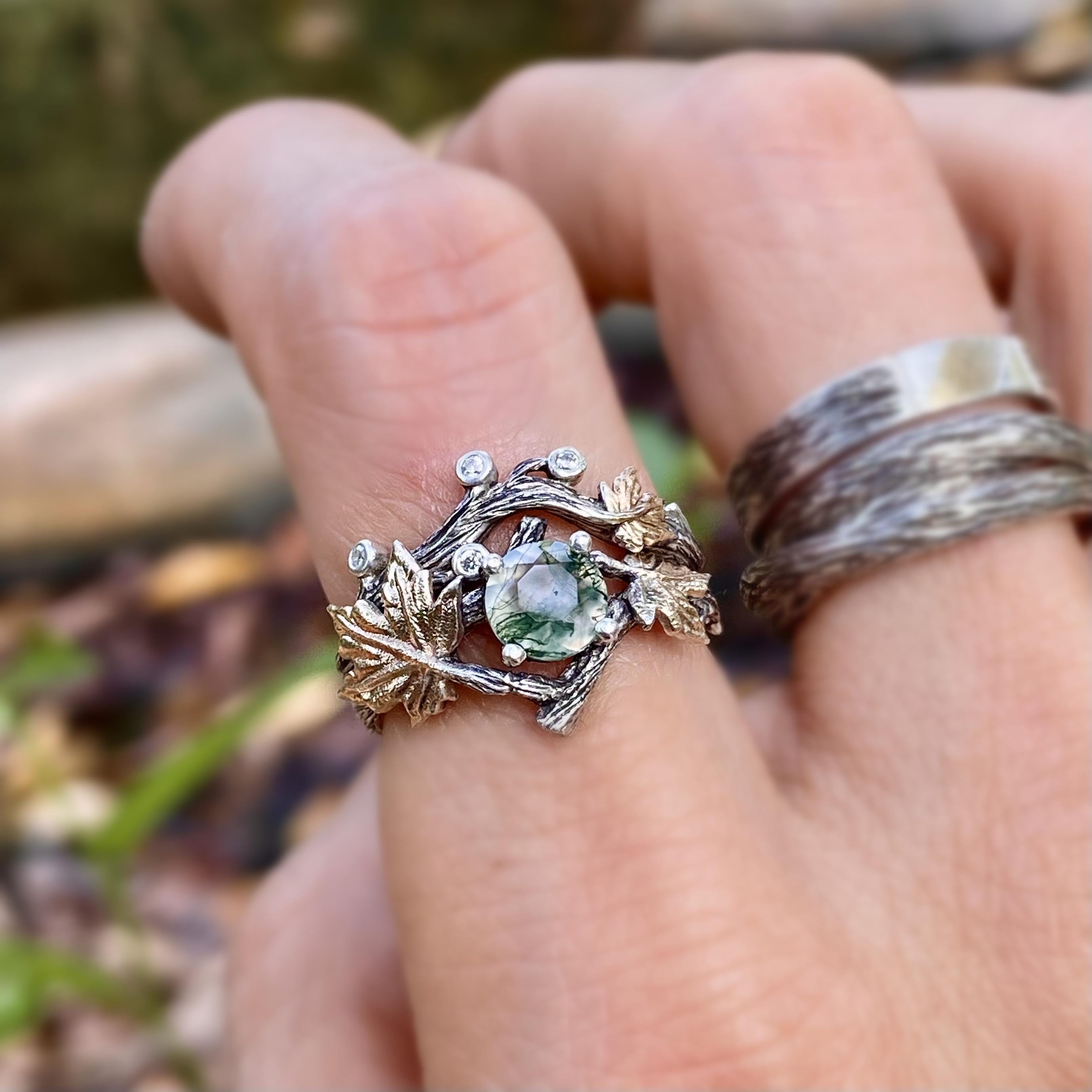 Silver twig wedding ring set for women: forest stackable, natural moss agate, Tree bark, branch, forest bridal, promise, hand-carved