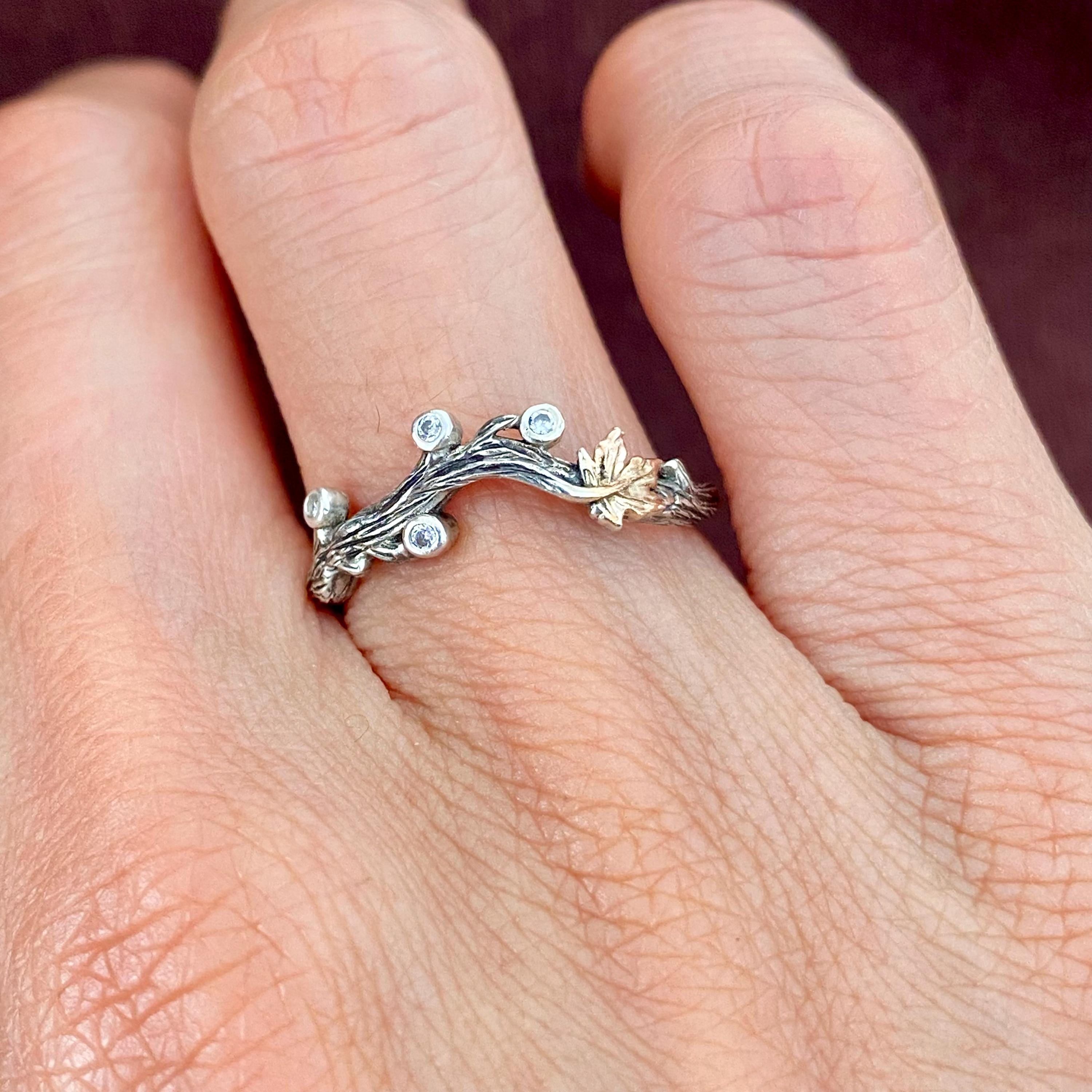 Sterling silver vintage bark texture ring, hand-carved natural style rose gold leaf ring, branch gemstone ring, wedding band, promise ring