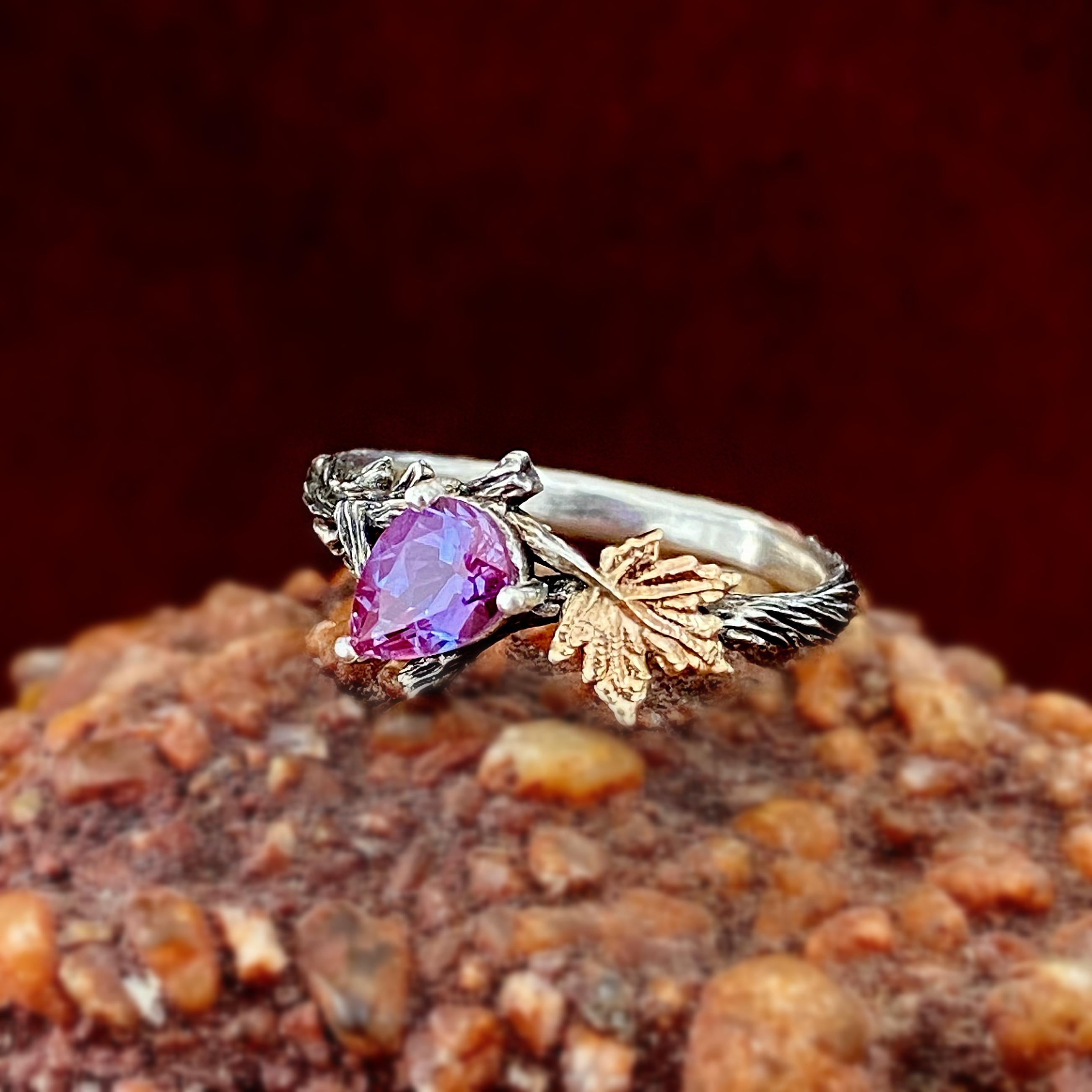 Silver Branch Bark Alexandrite wedding band, Stacking Ring Set, Women Twig and leaf Ring with stone, engagement ring, Mother's Day Gifts