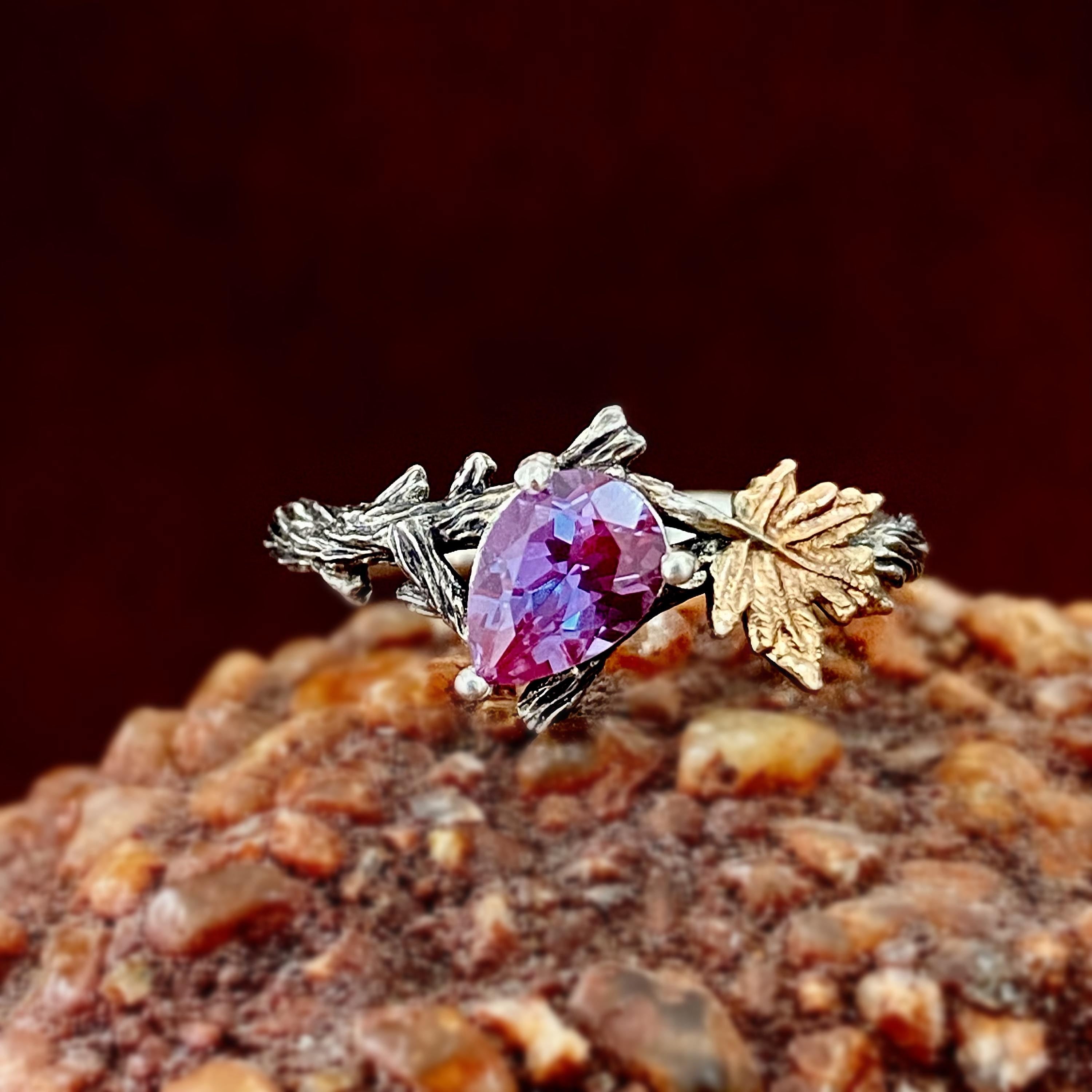 Silver Branch Bark Alexandrite wedding band, Stacking Ring Set, Women Twig and leaf Ring with stone, engagement ring, Mother's Day Gifts