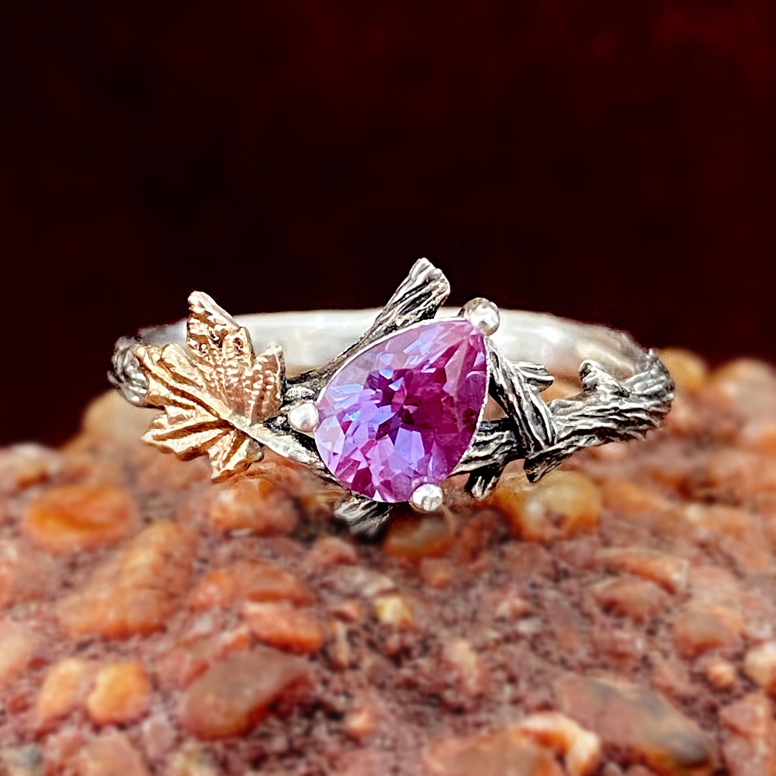 Silver Branch Bark Alexandrite wedding band, Stacking Ring Set, Women Twig and leaf Ring with stone, engagement ring, Mother's Day Gifts