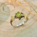 Natural peridot tree branch silver ring, twig and leaf ring, women's tree branch silver ring, unique engagement ring, August birthstone ring