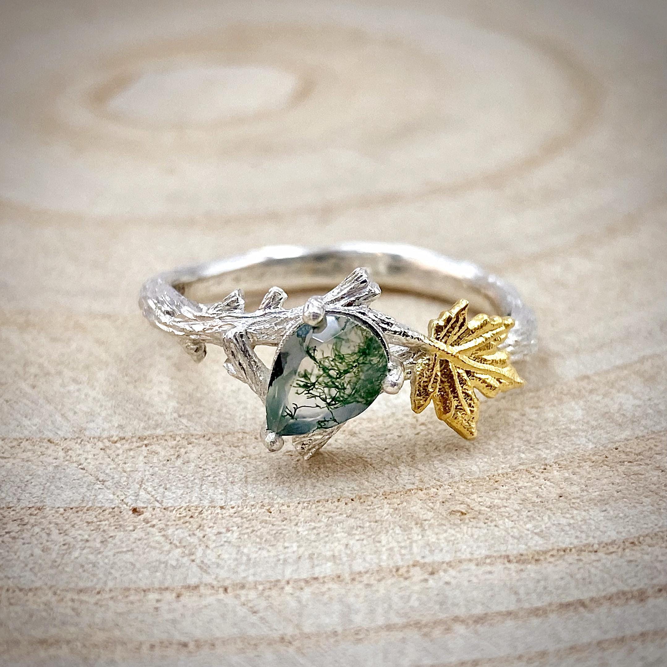 Plain silver carved tree branch natural moss agate ring, tree branch ring with stone, unique engagement ring, rustic country ring