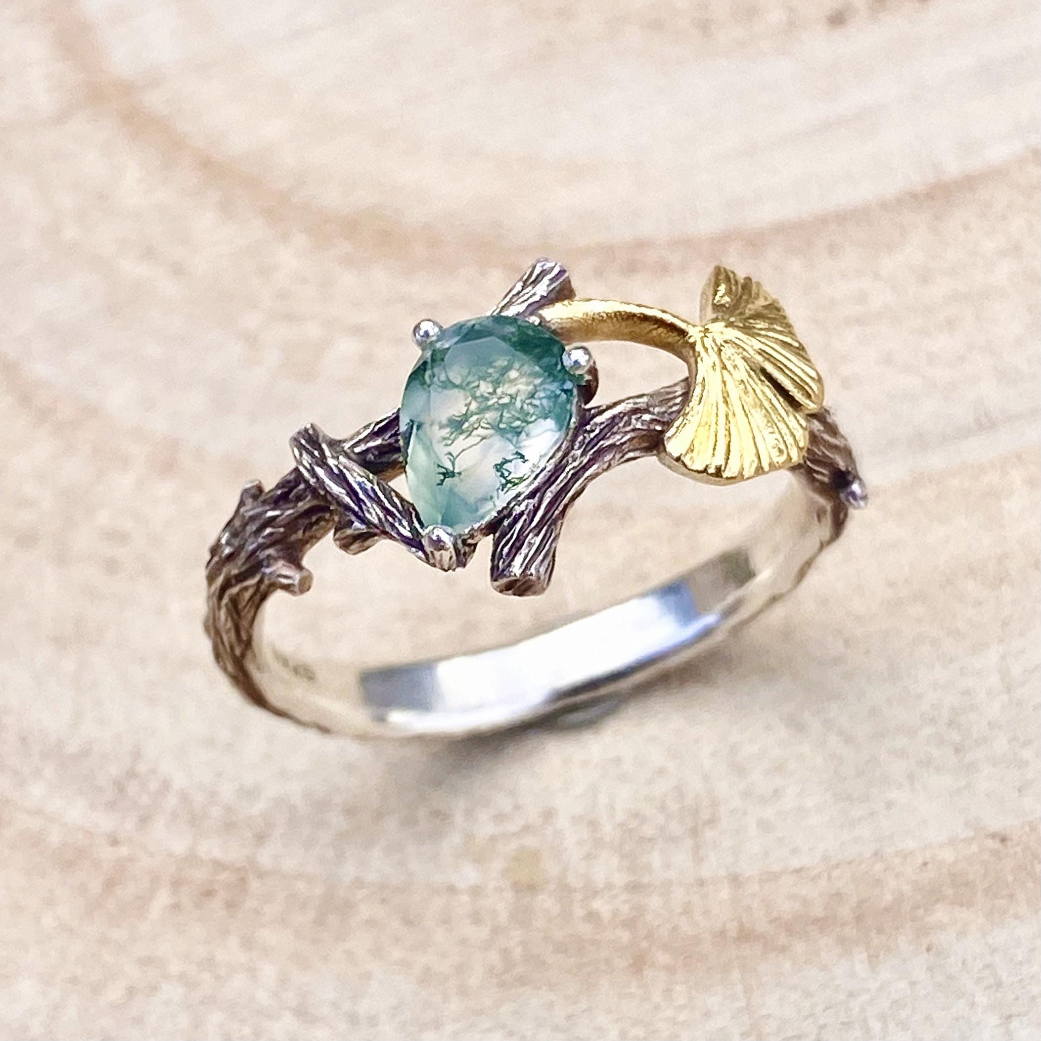 Custom sterling silver natural moss agate branch ring, ginkgo leaf twig ring, birthstone ring, engagement ring, forest promise ring for her