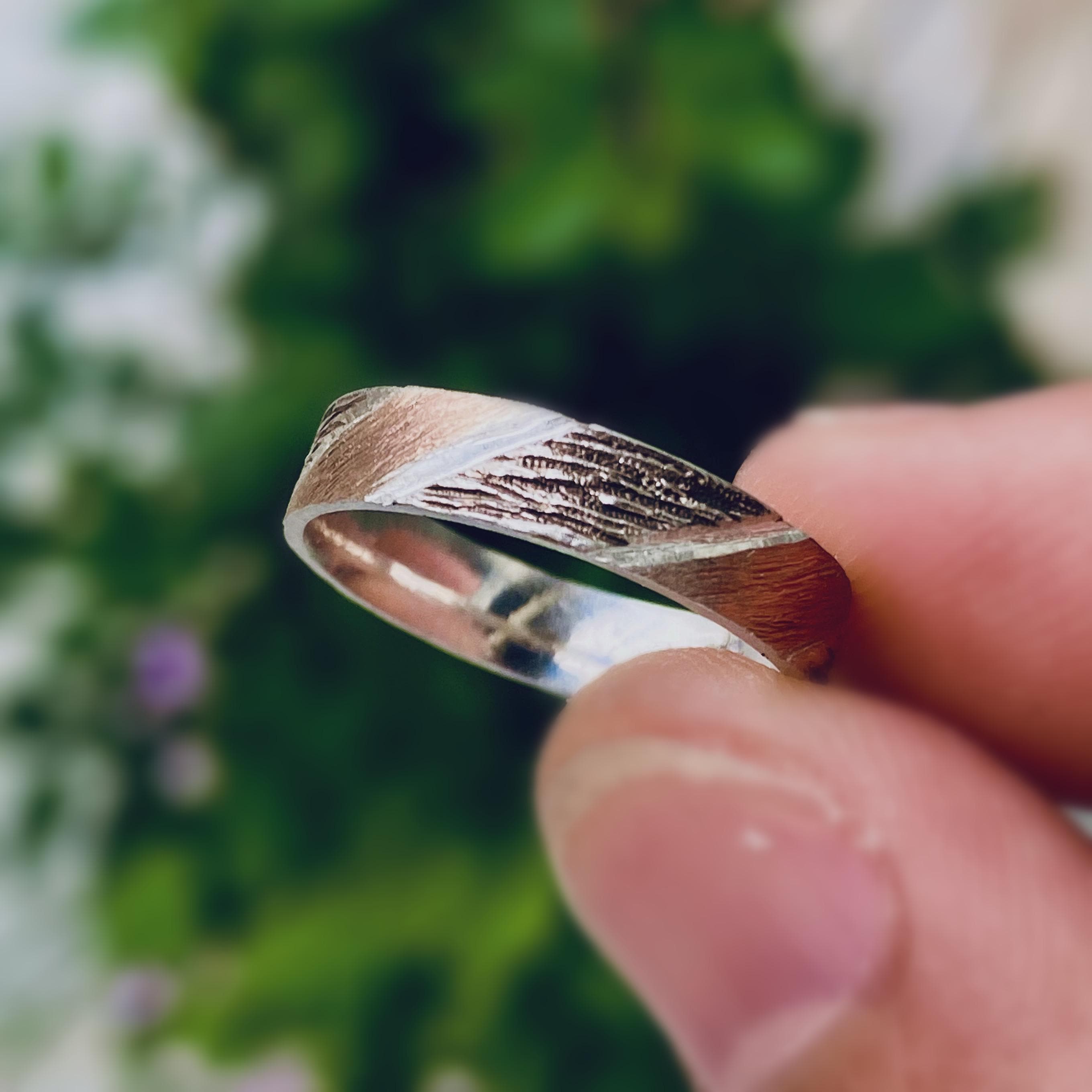 Original design hand carved bark silver ring, geometric band for men and women, unique ring with rose gold plated, engagement band