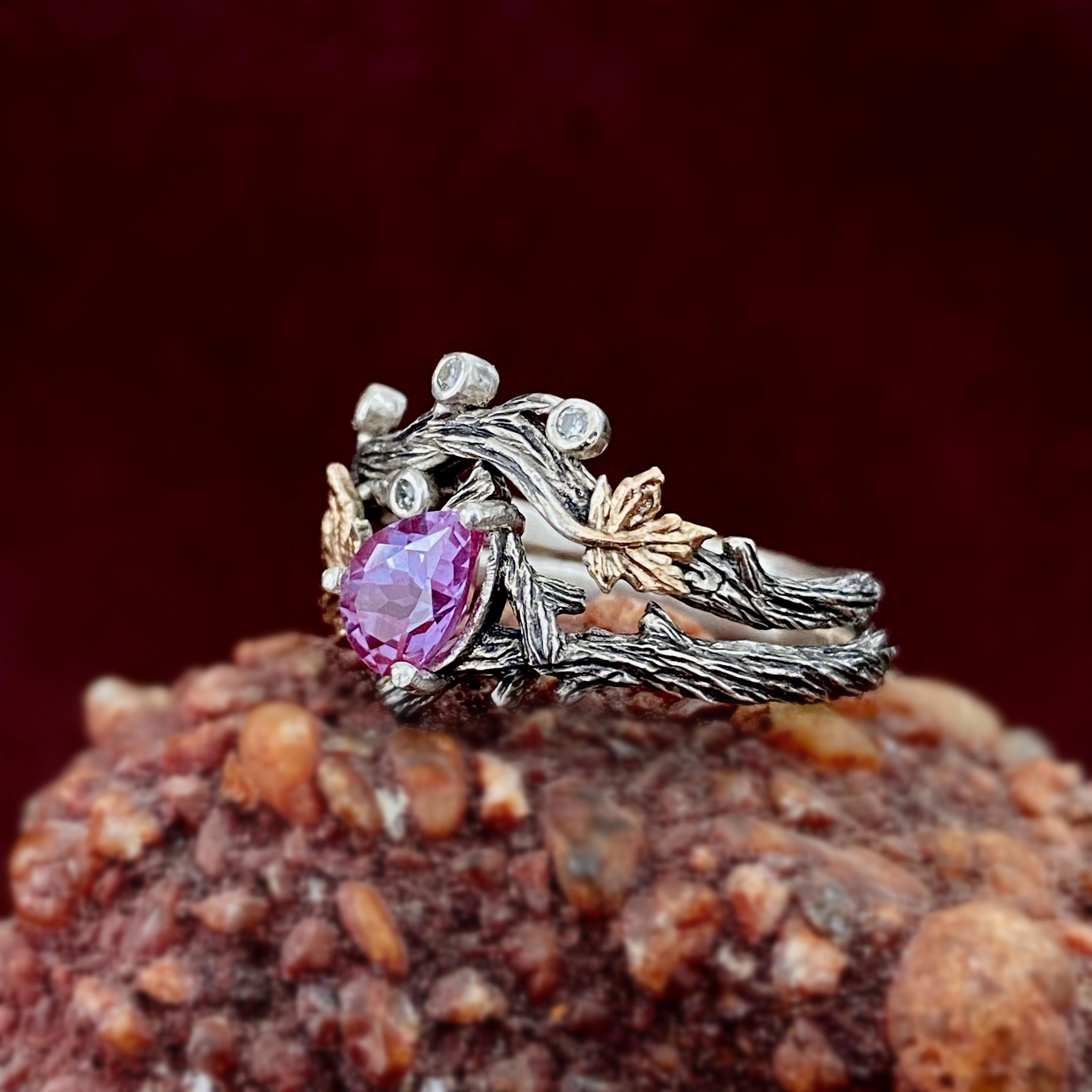 Natural Alexandrite ring set, Pear cut engagement ring, Twig and leaf ring with stone, Wedding ring, Promise ring, Valentine's Day gift