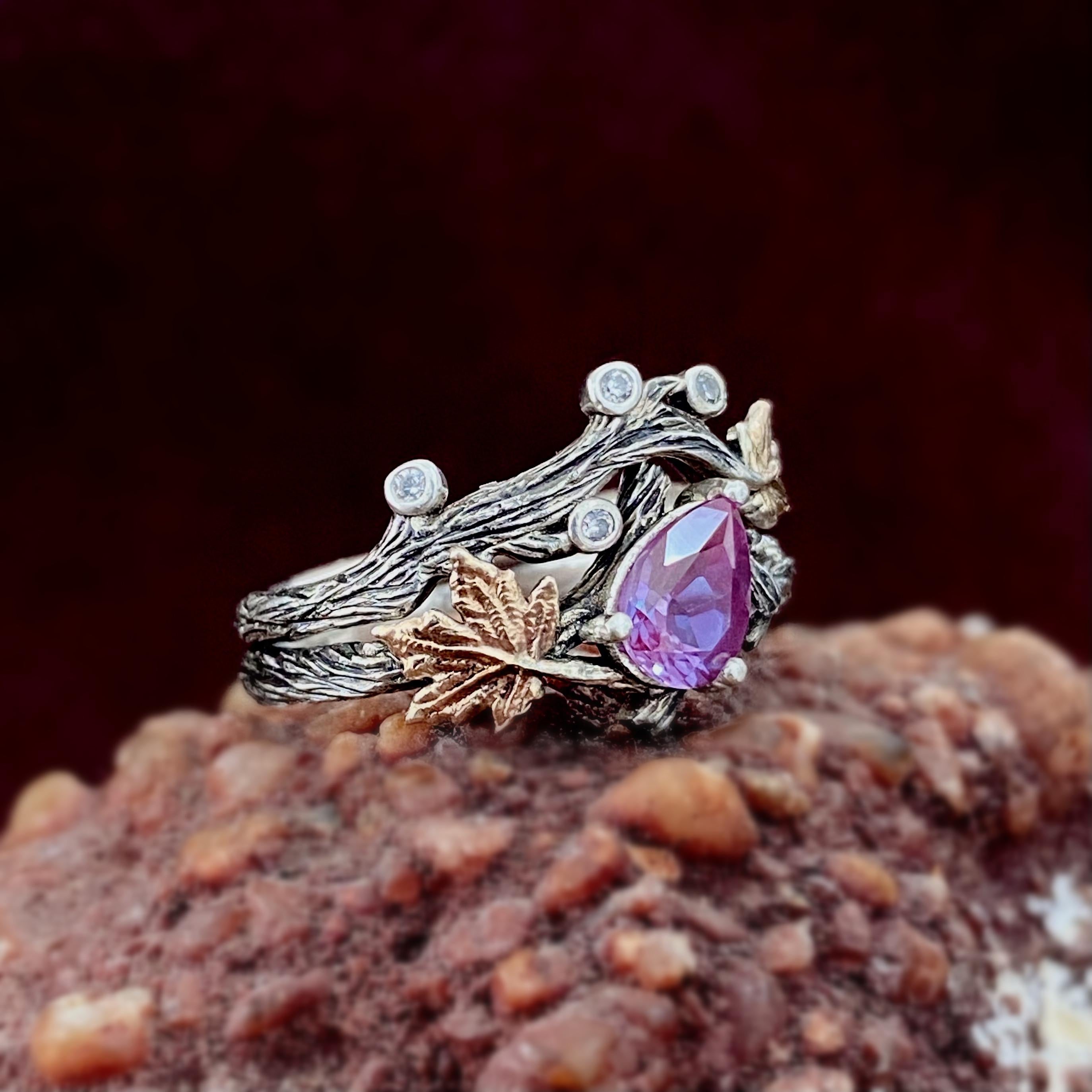 Natural Alexandrite ring set, Pear cut engagement ring, Twig and leaf ring with stone, Wedding ring, Promise ring, Valentine's Day gift