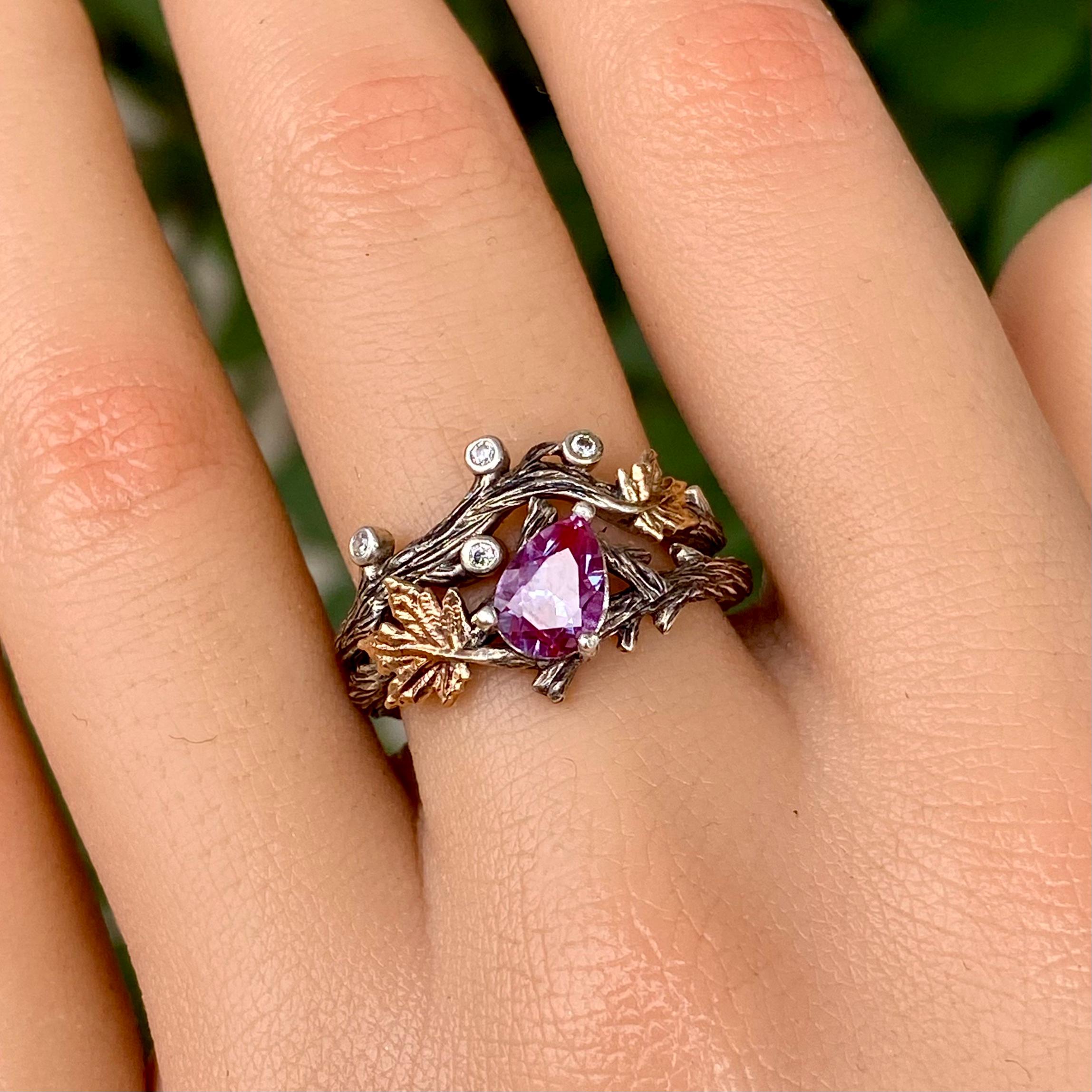 Natural Alexandrite ring set, Pear cut engagement ring, Twig and leaf ring with stone, Wedding ring, Promise ring, Valentine's Day gift