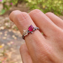 Hand carved sterling silver teardrop-shaped pigeon blood ruby branch ring, twig and maple leaf engagement ring for women, unique forest ring