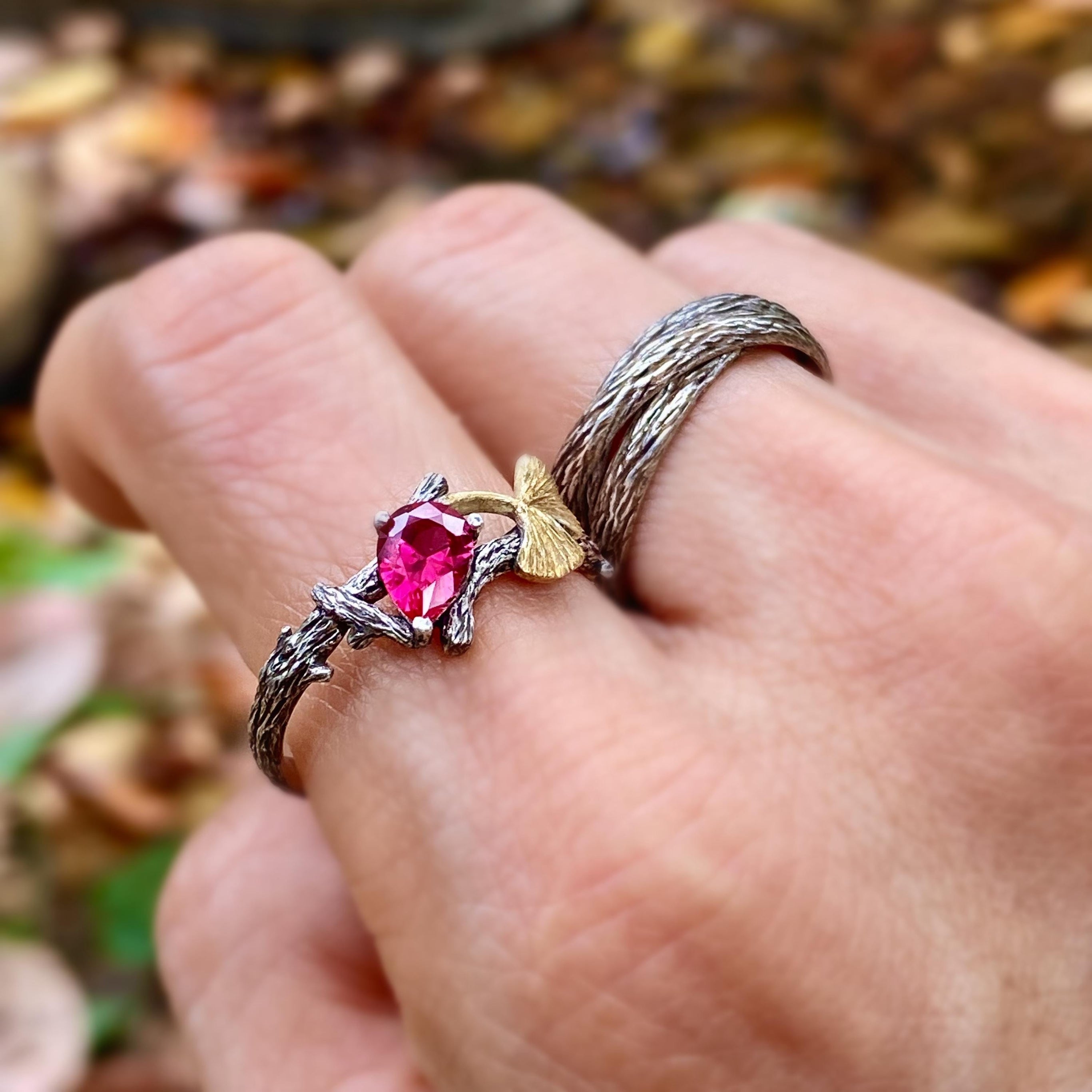 2PC personalized tree branch couple rings, hand-carved sterling silver ring, ruby twig wedding rings, unique couple ring, twig and leaf ring