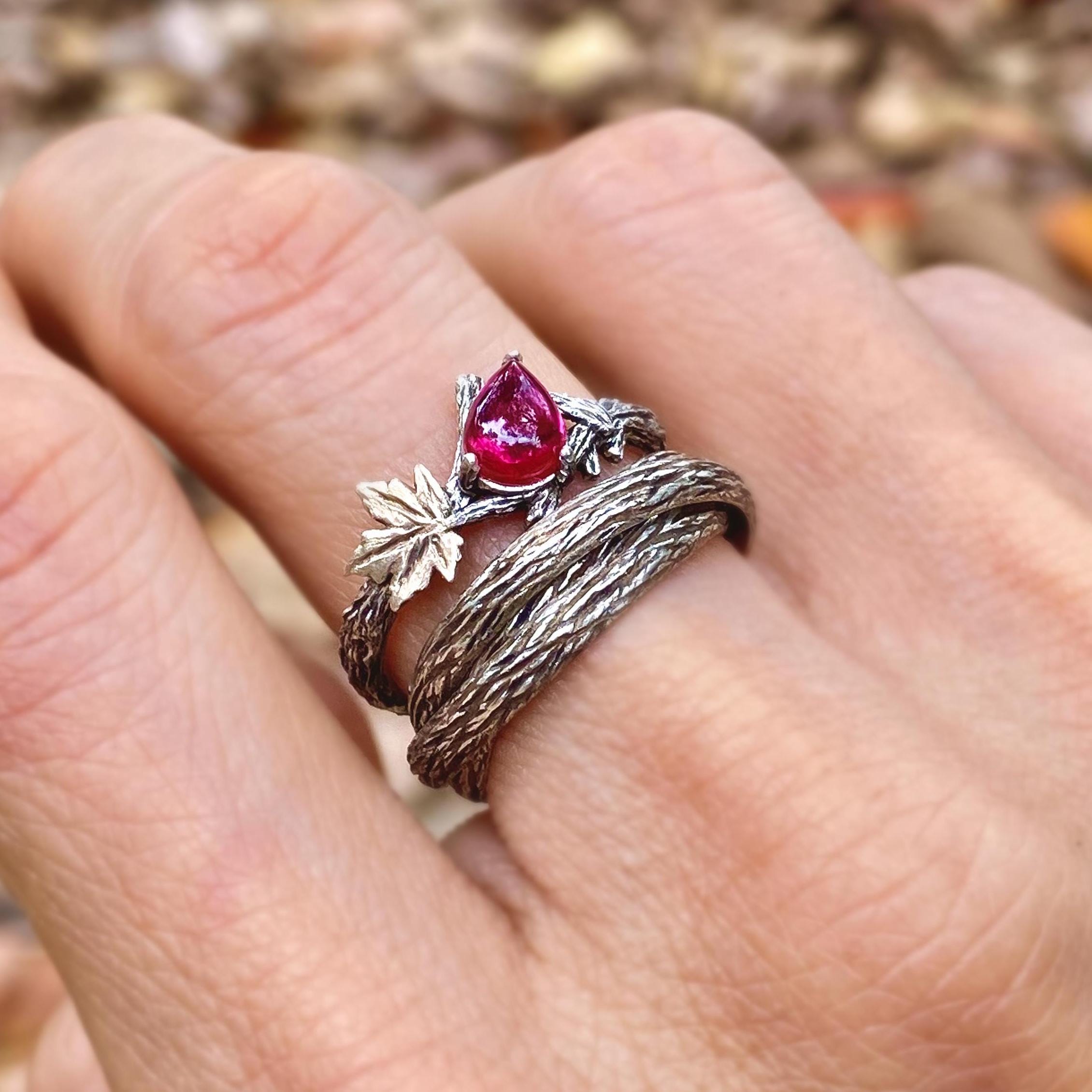 Nature-Inspired Stackable twig Wedding Rings, Hand-Engraved Sterling Silver Maple Leaf Branch Ring, Rustic ruby Ring with Forest,Couple ring